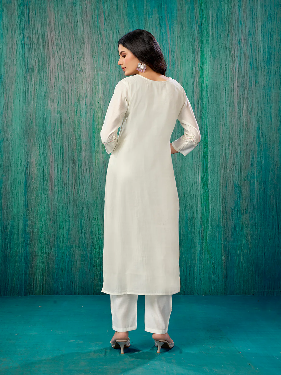Cream Sequins Embroidered Chanderi Silk Straight Salwar Suit - Image 5