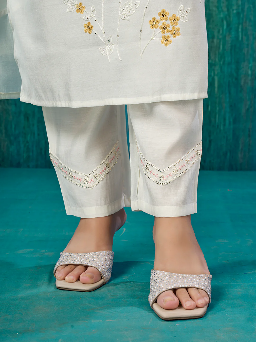 Cream Sequins Embroidered Chanderi Silk Straight Salwar Suit - Image 6