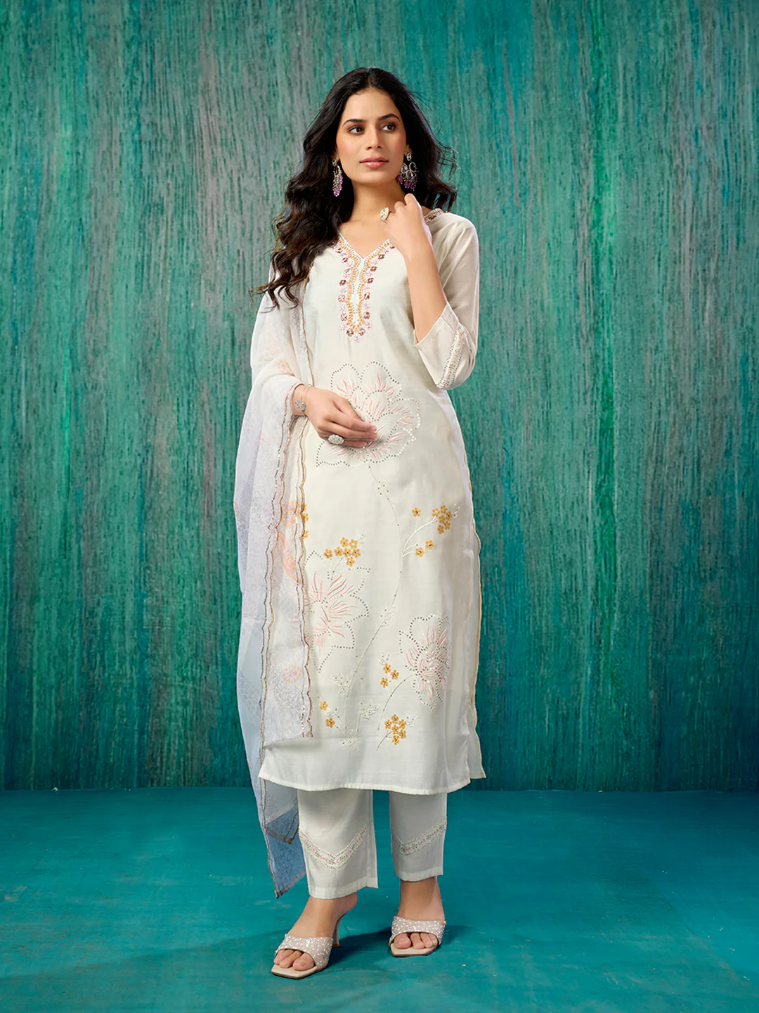 Cream Sequins Embroidered Chanderi Silk Straight Salwar Suit - Image 7