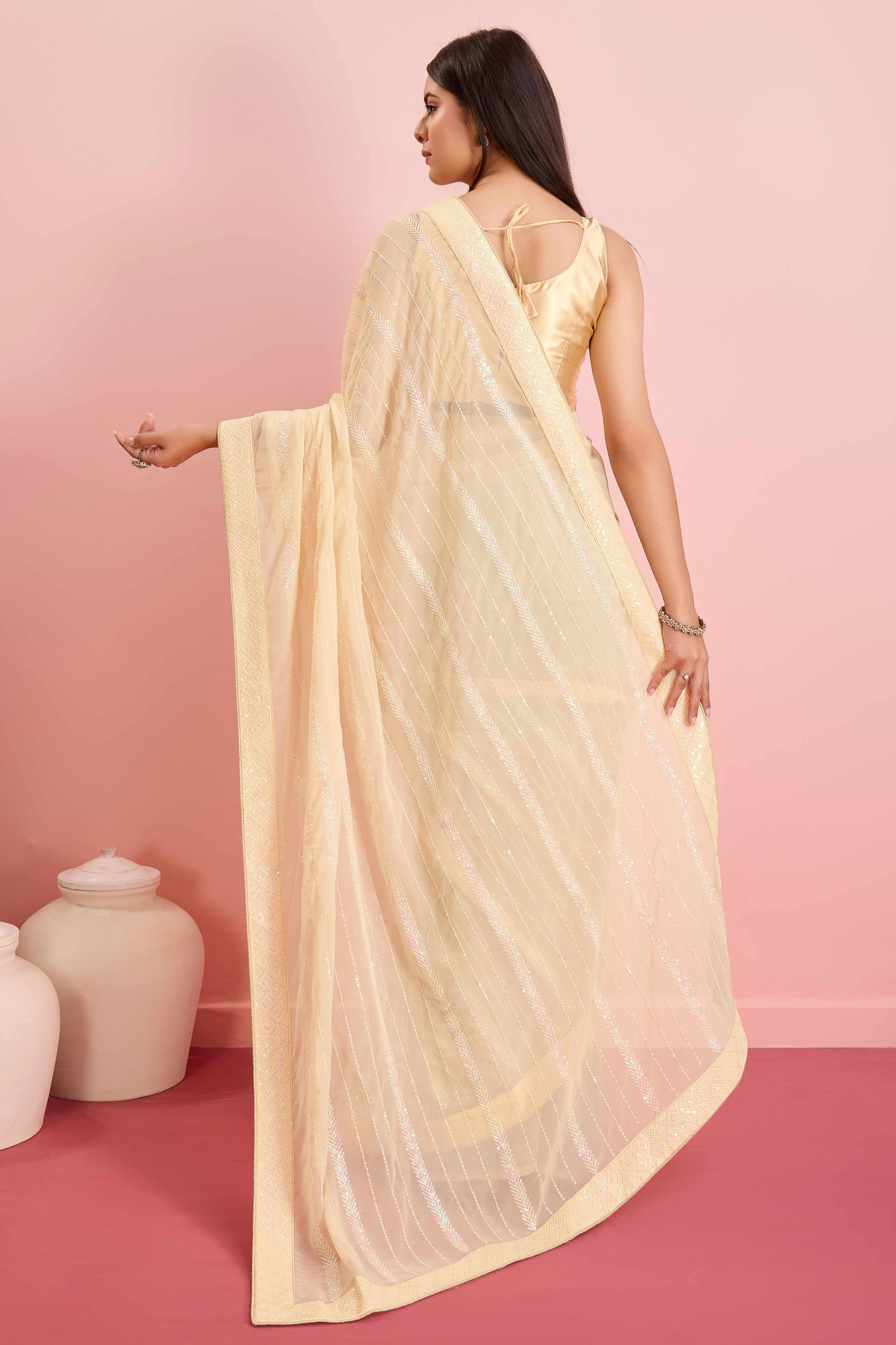 Cream Sequins Embroidered Georgette Saree - Image 5