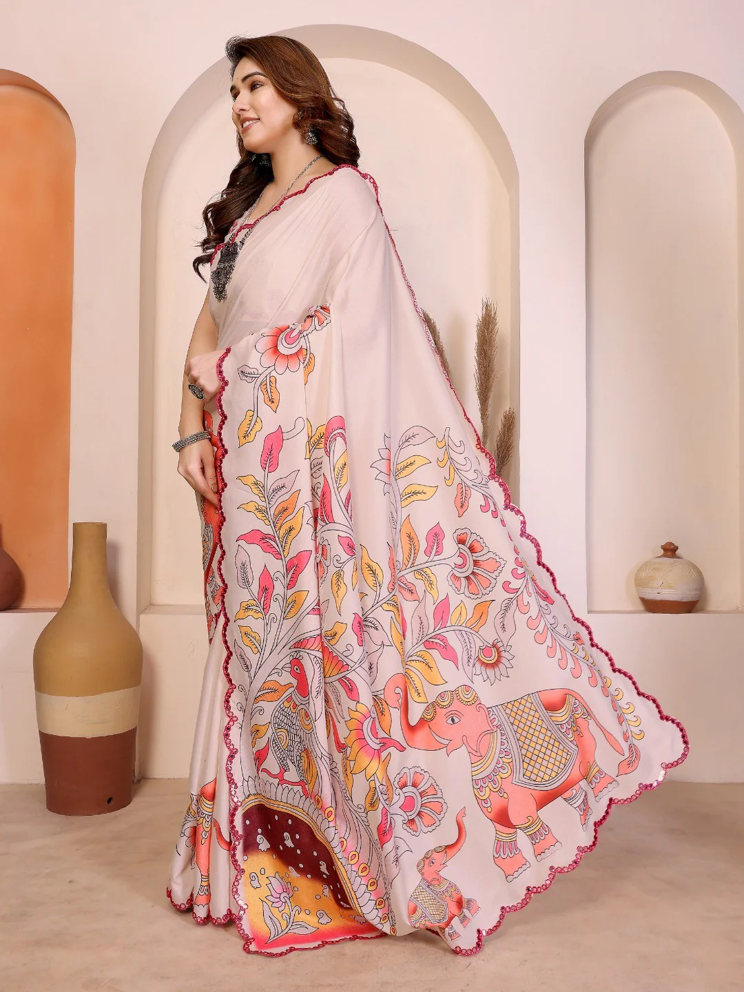 Cream Silk Blend Saree with Digital Print & Mirror Embellished Border - Image 4