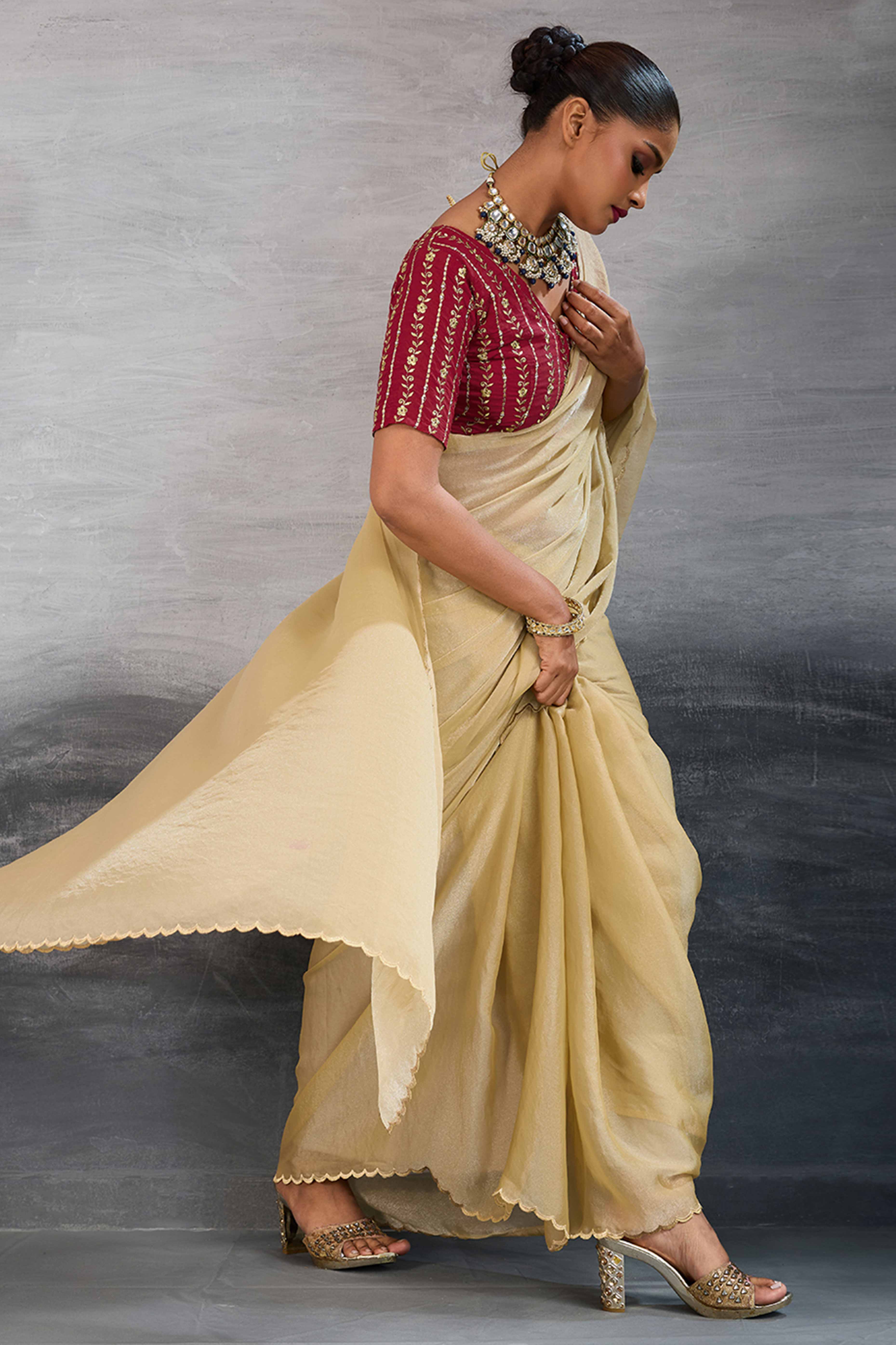 Cream Solid Organza Jimmy Choo Saree Accentuated With Elegant Cutwork Border Detailing - Image 4