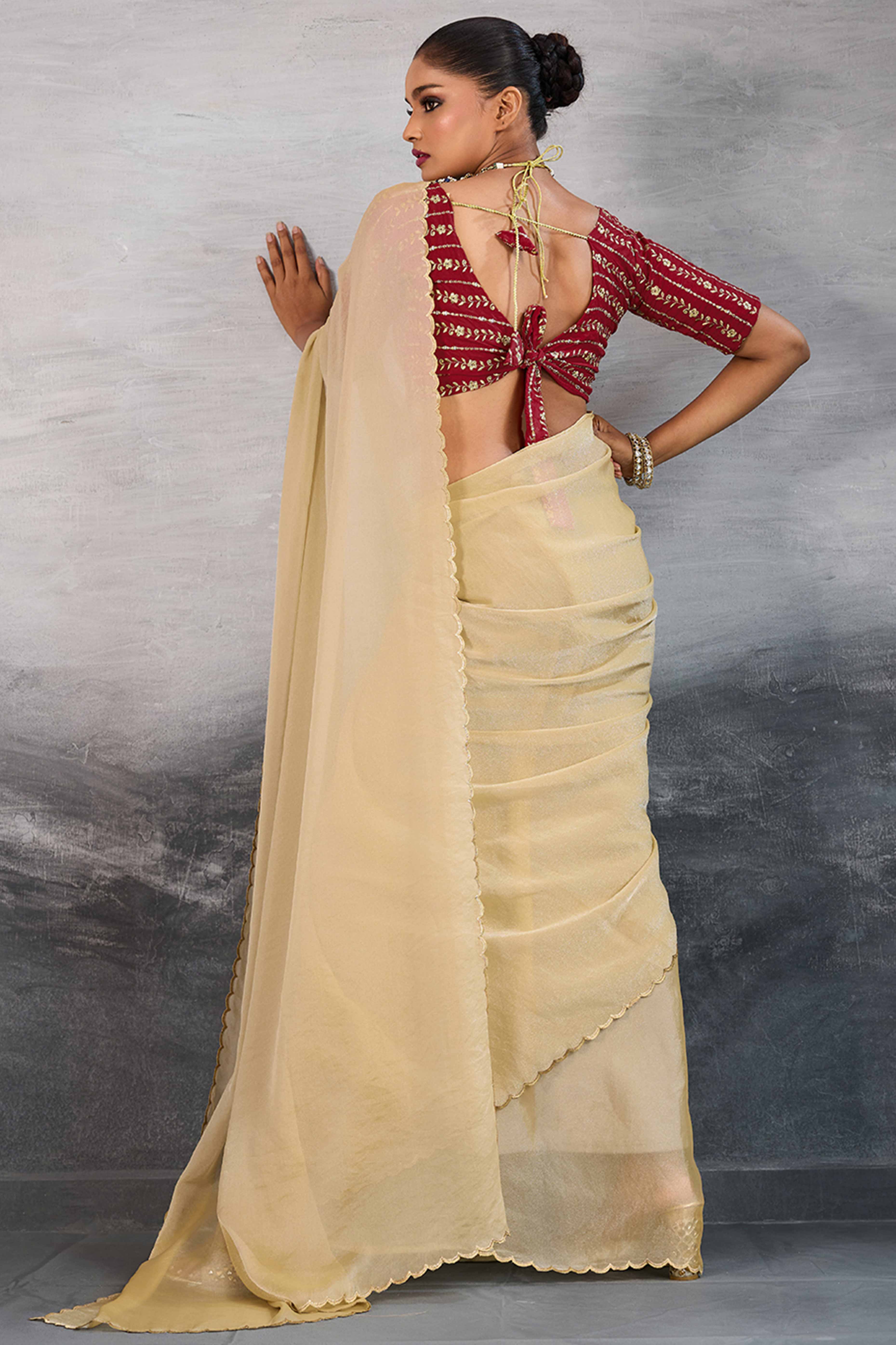 Cream Solid Organza Jimmy Choo Saree Accentuated With Elegant Cutwork Border Detailing - Image 5