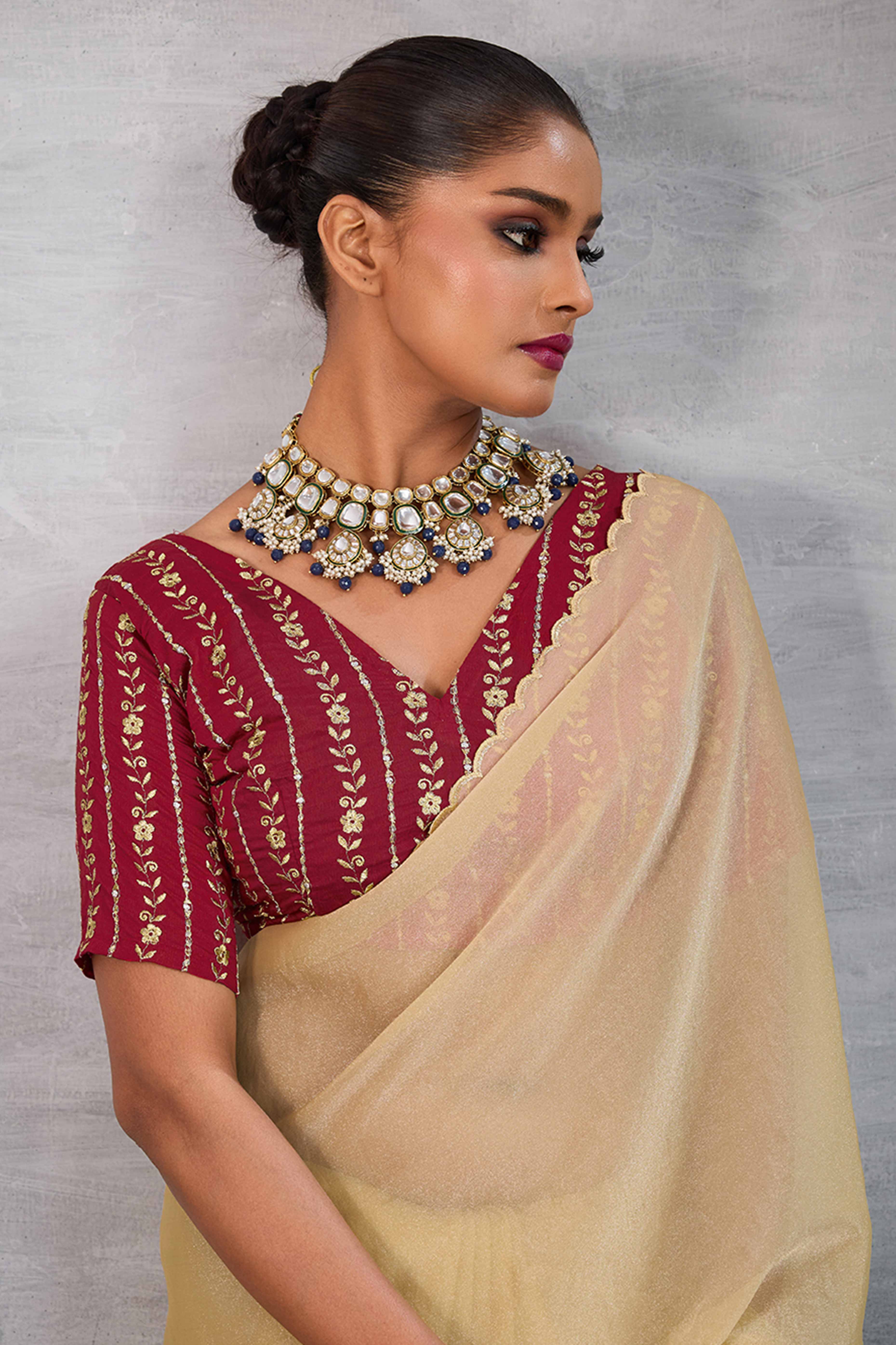 Cream Solid Organza Jimmy Choo Saree Accentuated With Elegant Cutwork Border Detailing - Image 6