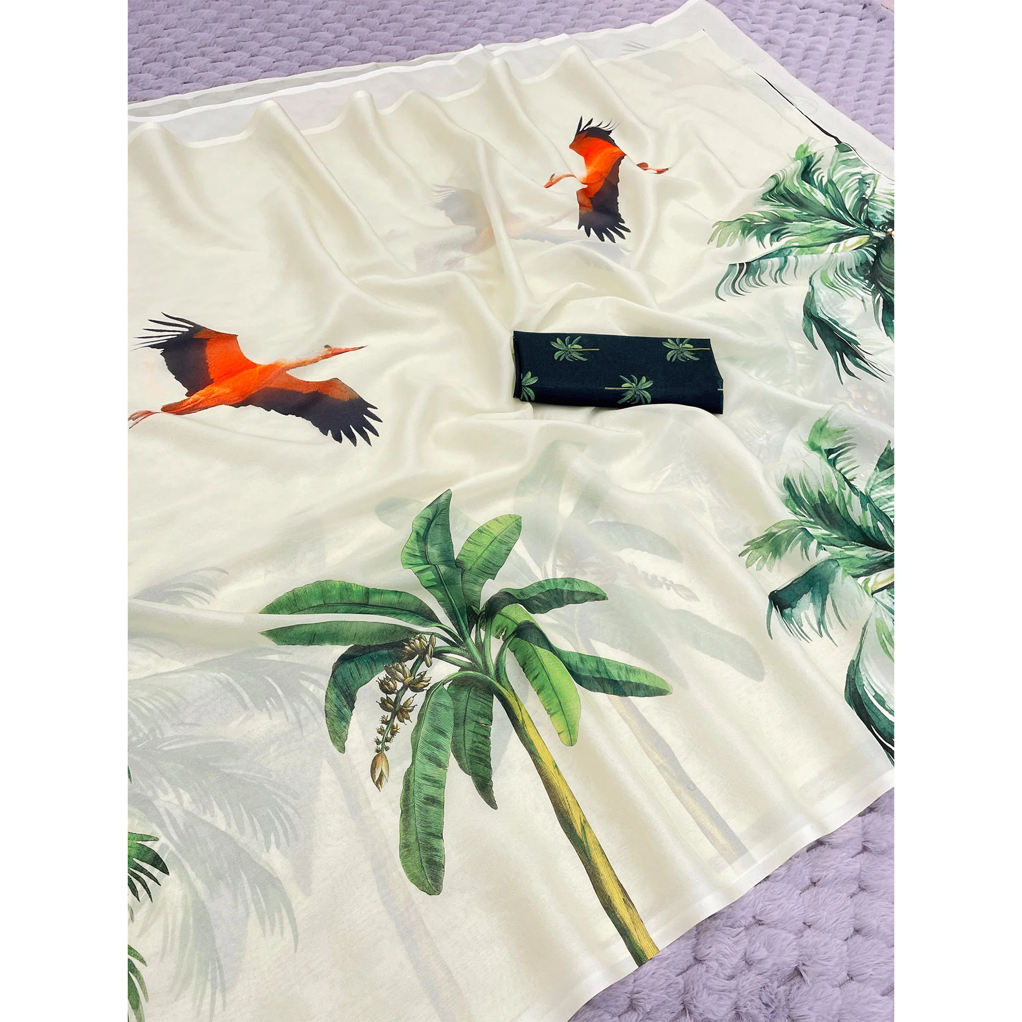 Cream Sparkle Star Georgette Saree Adorned With Tree & Bird Digital Prints - Image 3