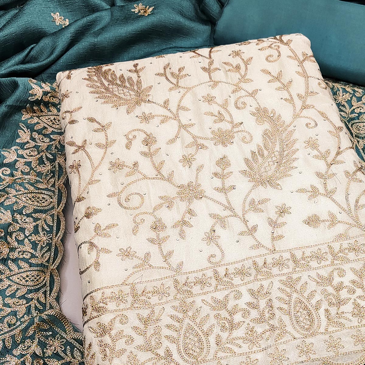 Cream & Teal Lustrous Vichitra Silk Dress Material Accented with Artistic Thread Embroidery - Image 2