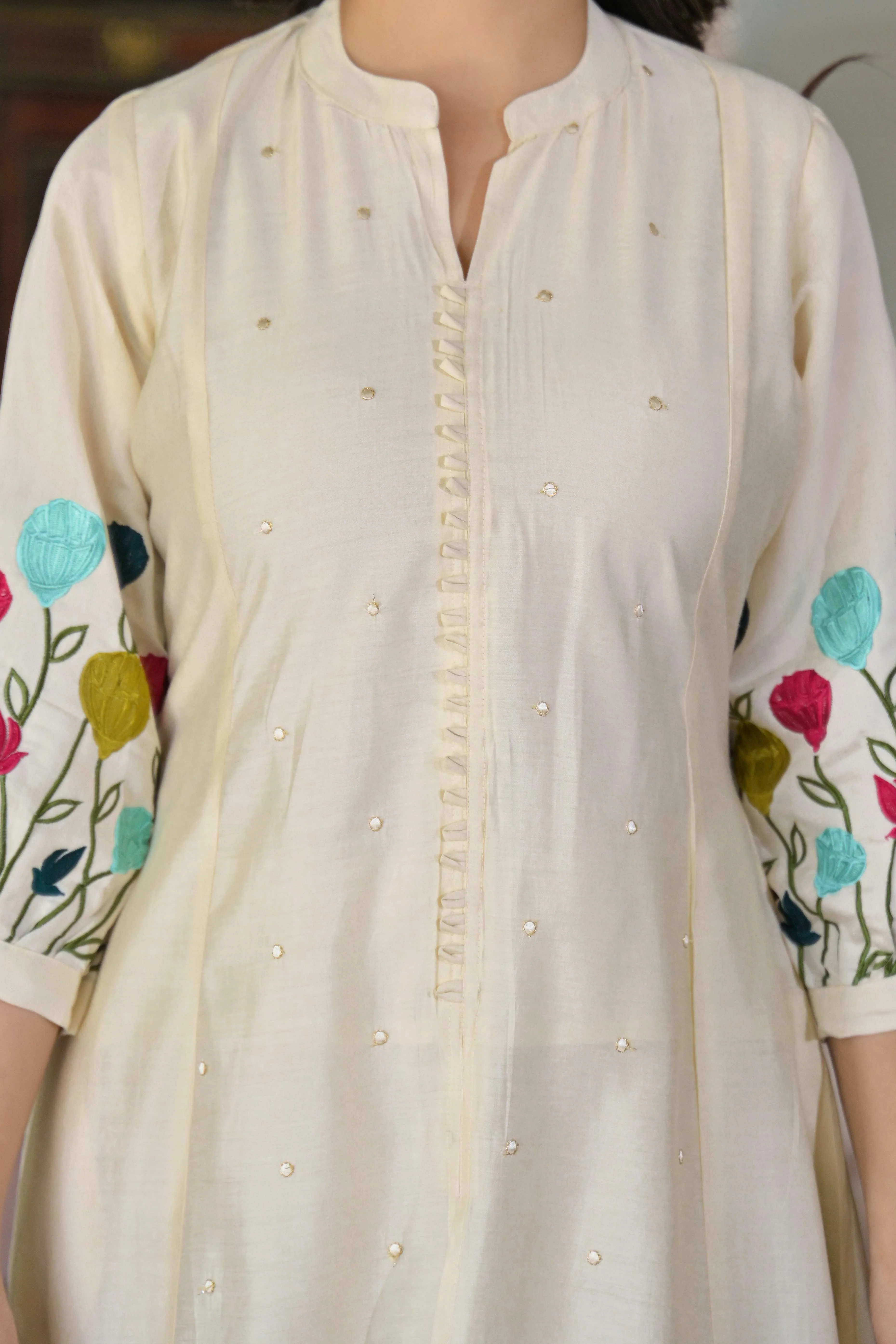 Cream Thread Embroidered Chanderi A-Line Salwar Suit - Image 2