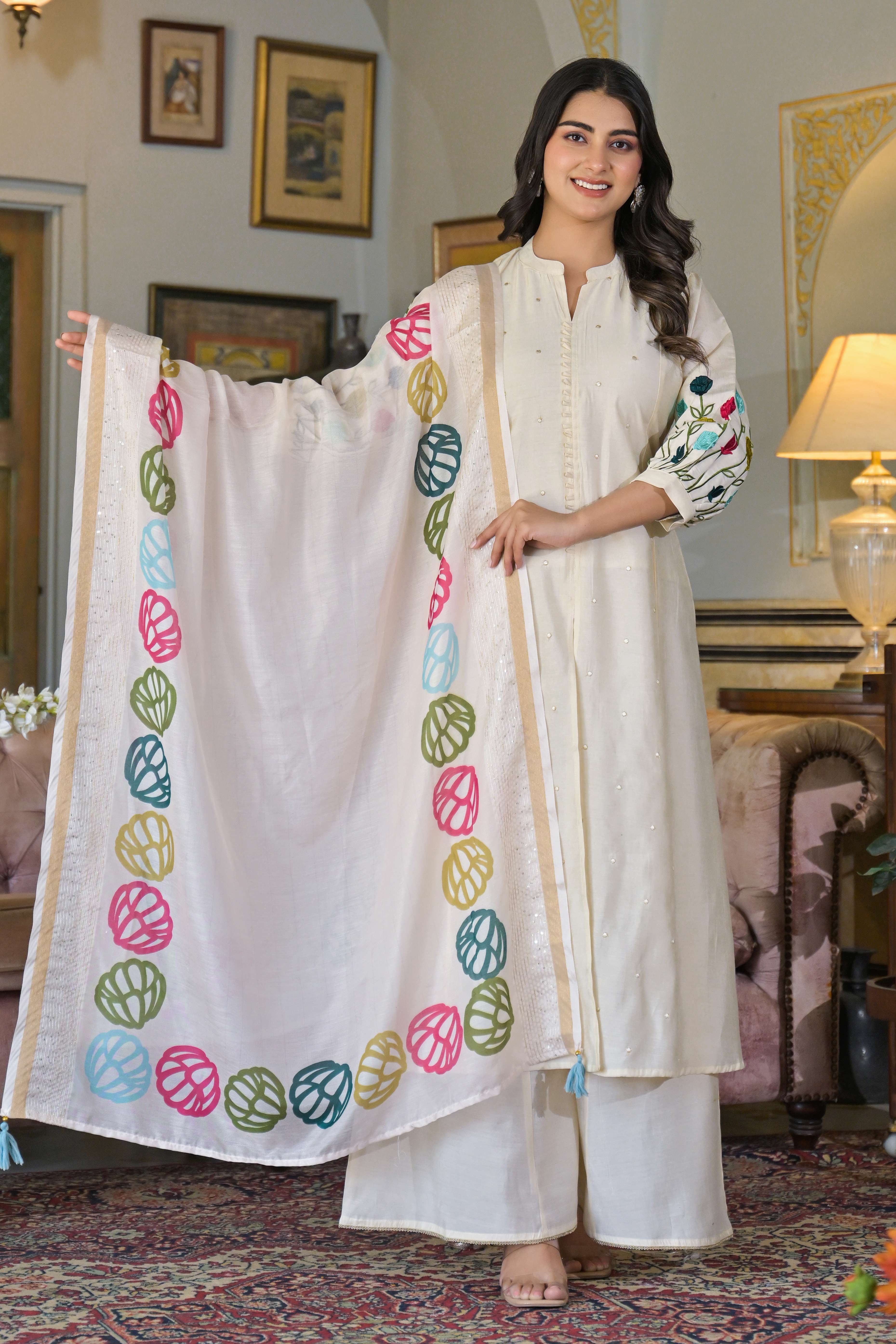 Cream Thread Embroidered Chanderi A-Line Salwar Suit - Image 4