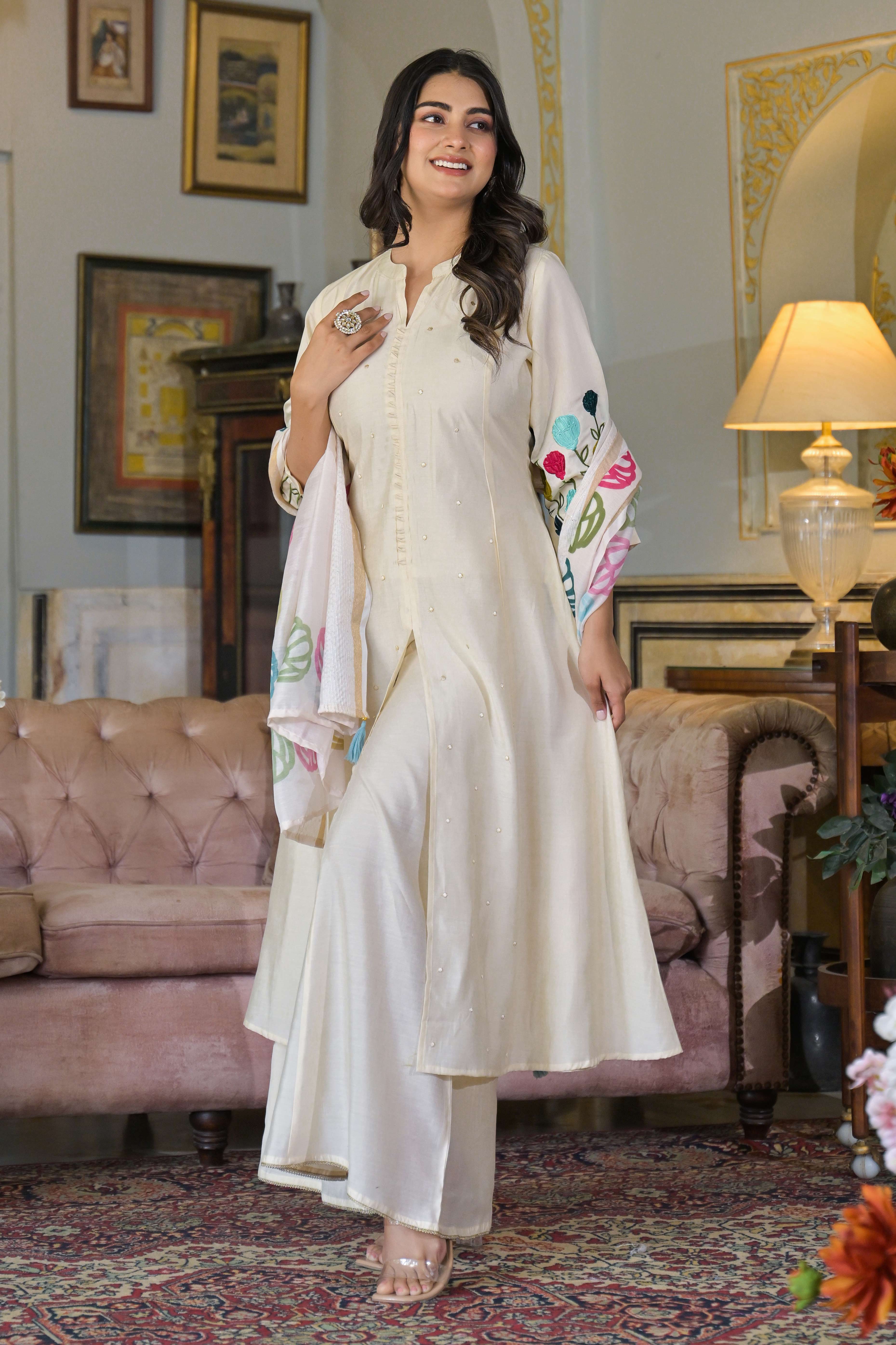 Cream Thread Embroidered Chanderi A-Line Salwar Suit - Image 5