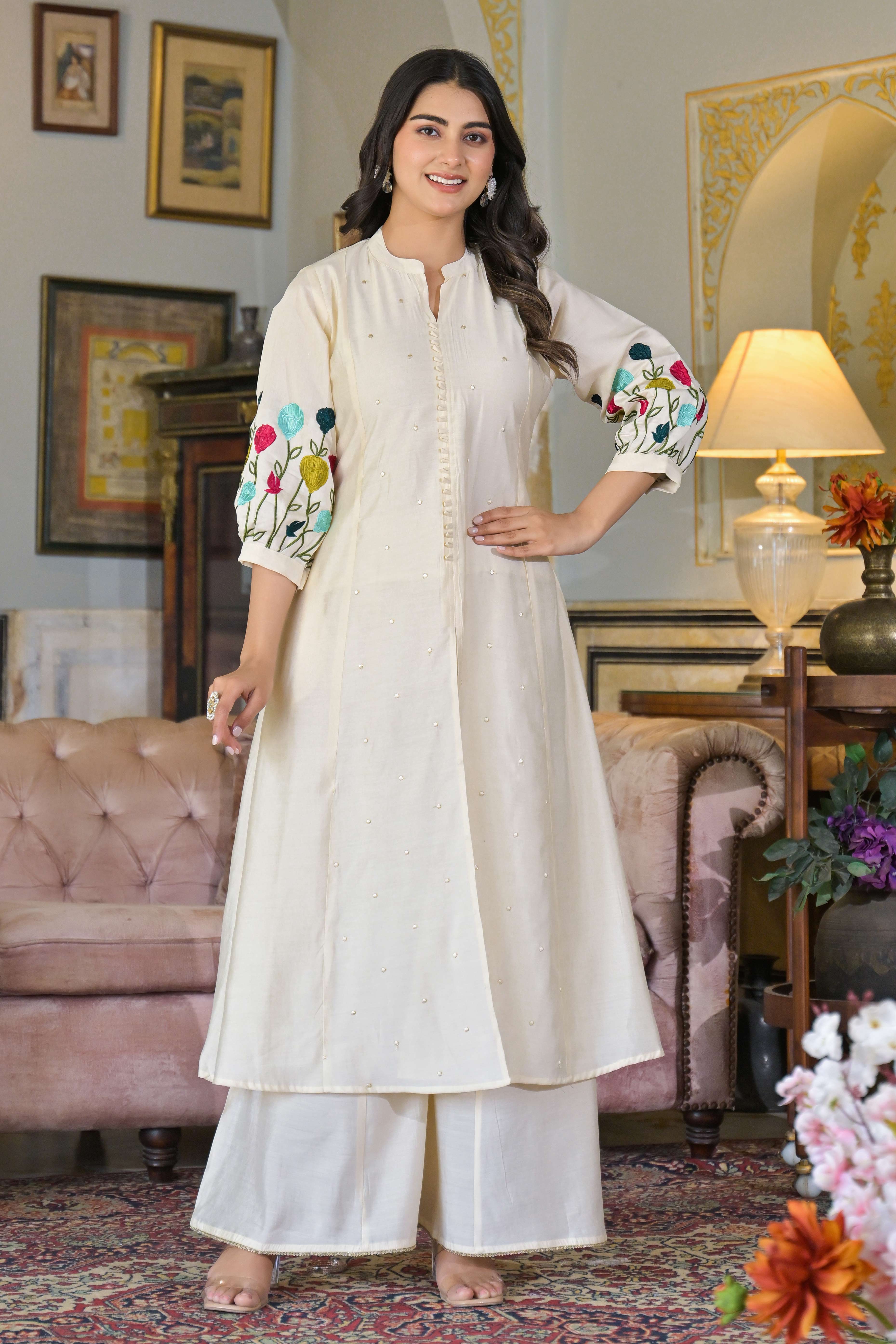 Cream Thread Embroidered Chanderi A-Line Salwar Suit - Image 7