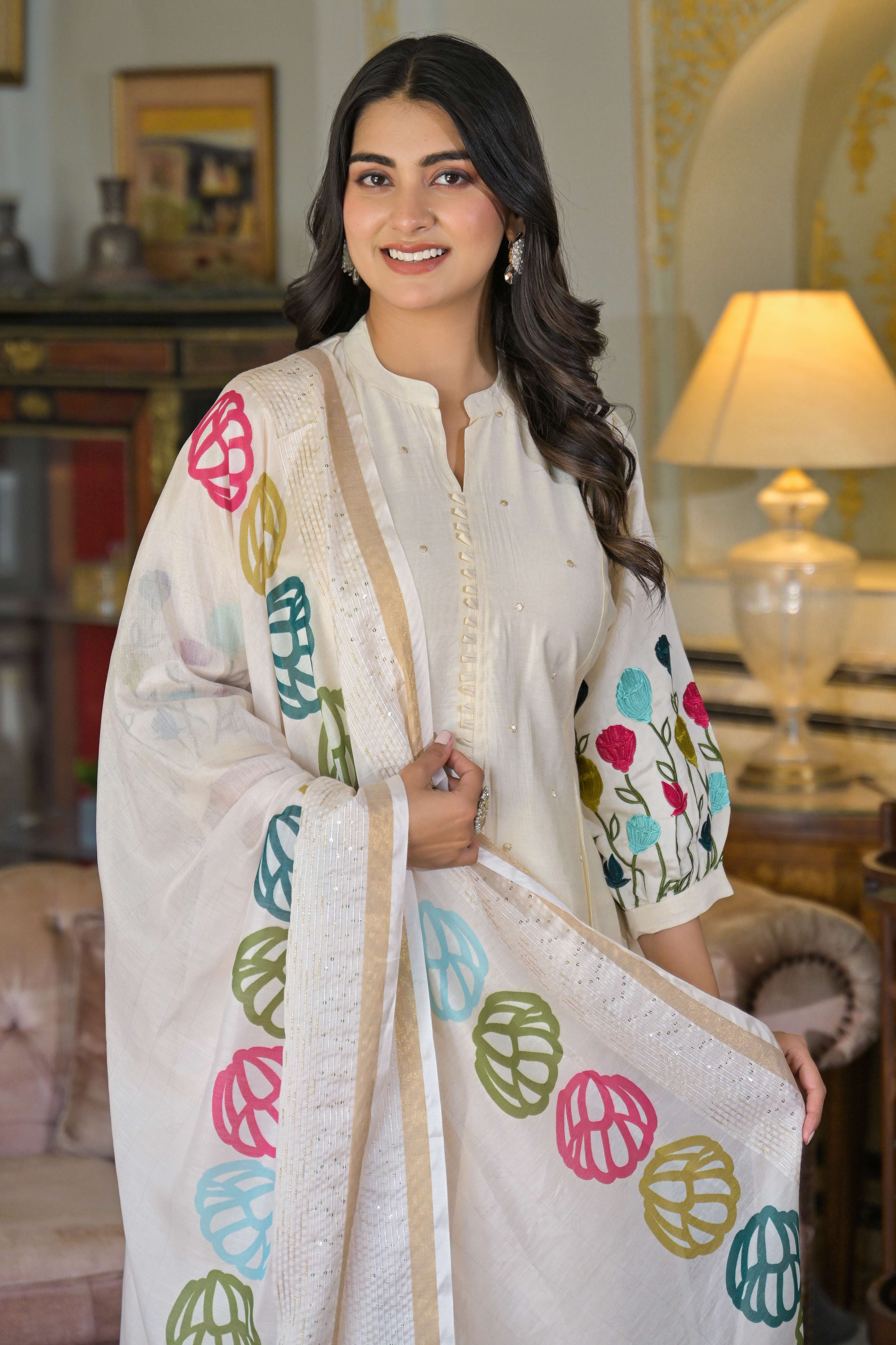 Cream Thread Embroidered Chanderi A-Line Salwar Suit - Image 9