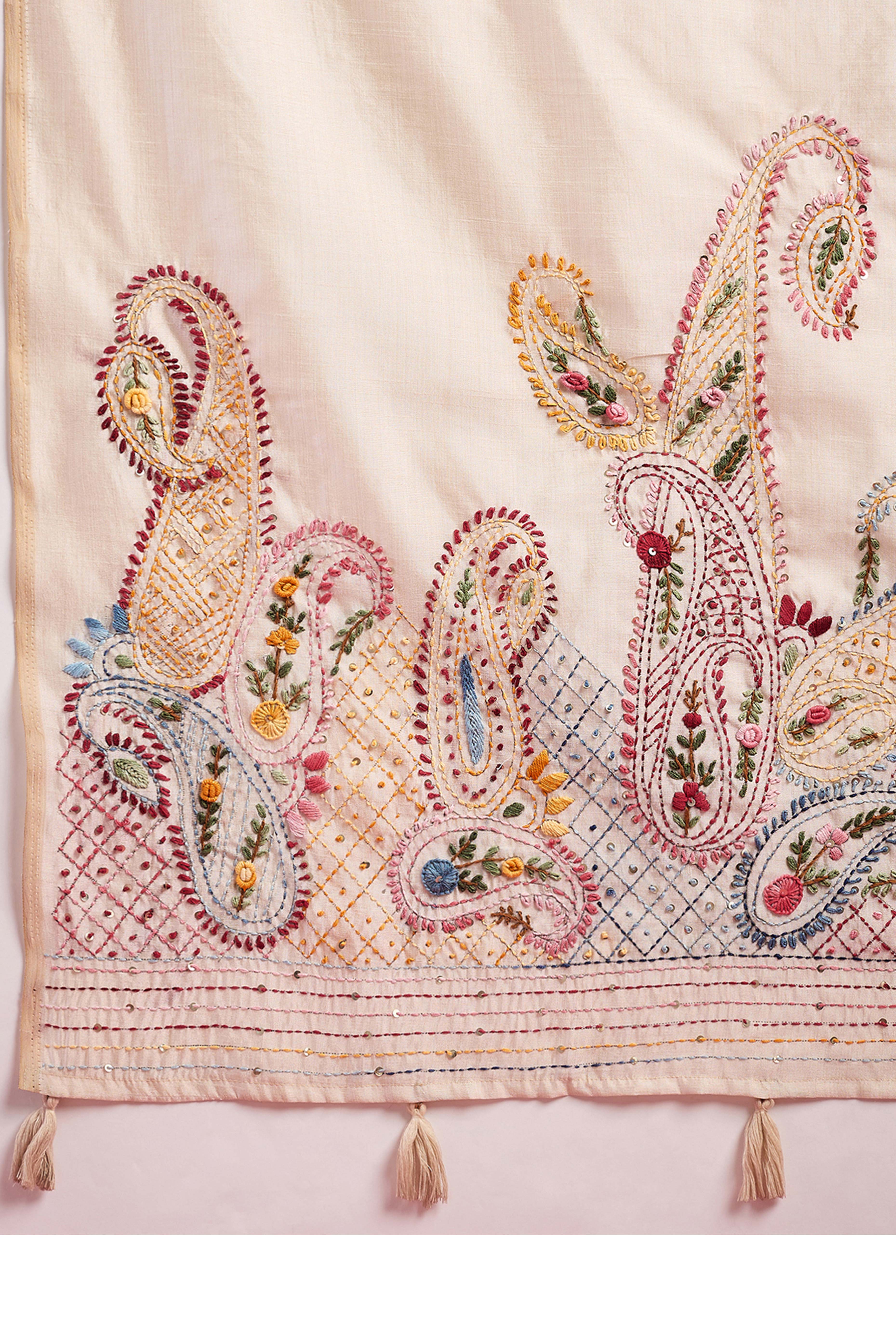 Cream Thread Work Embroidered Tussar Silk Saree for Elegant Festive Wear - Image 9