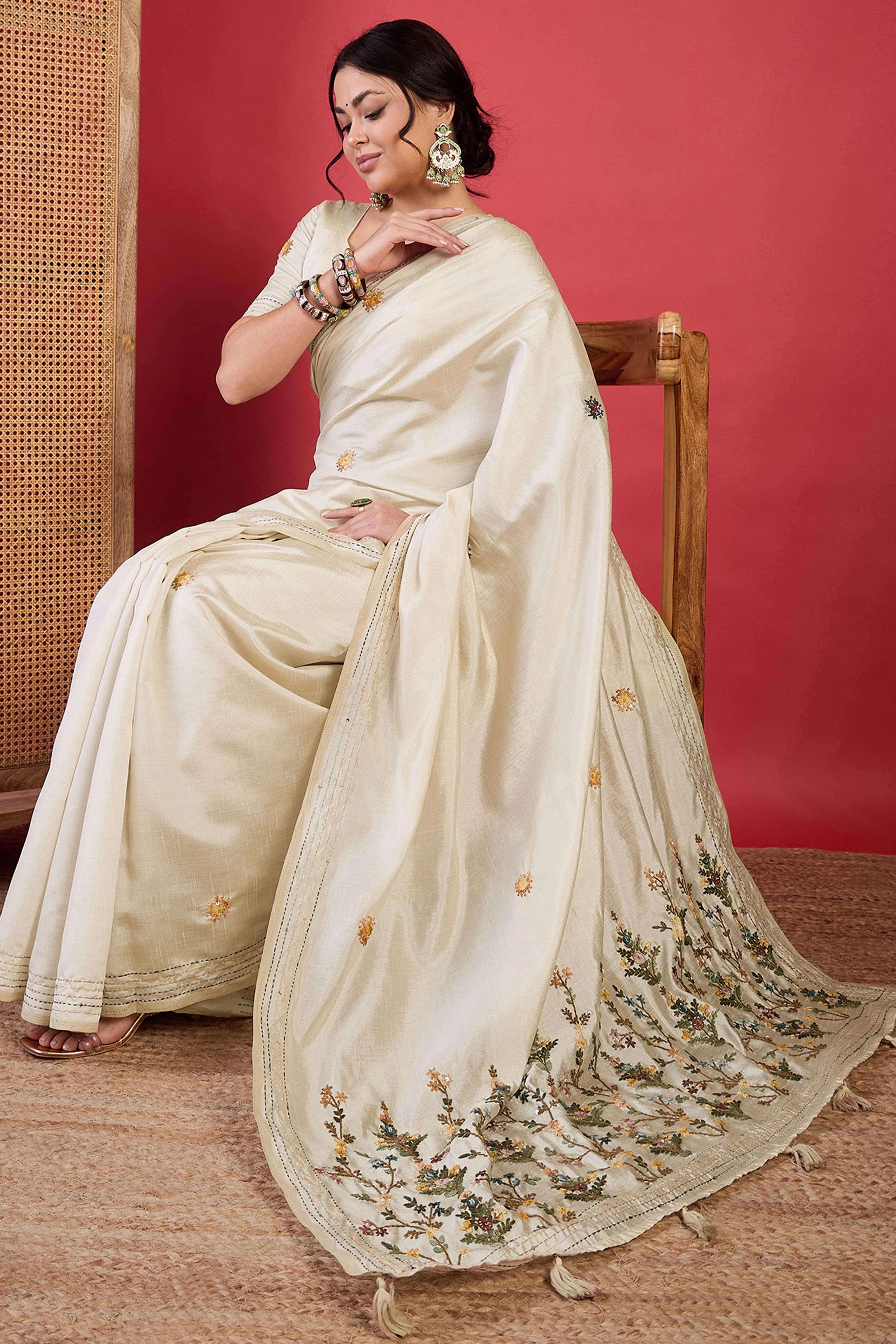Cream Thread Work Embroidered Tussar Silk Saree with Rich Texture - Image 5