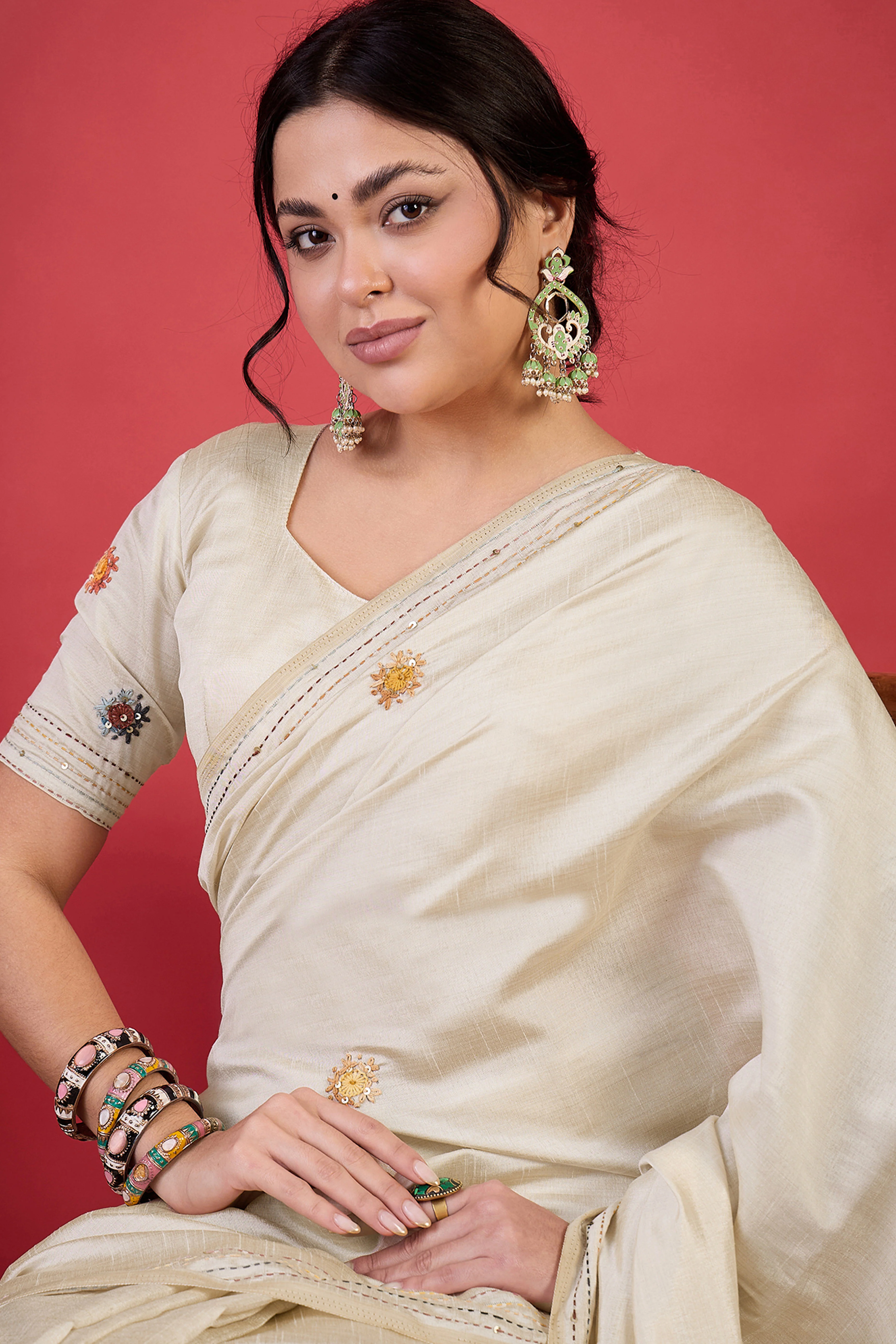 Cream Thread Work Embroidered Tussar Silk Saree with Rich Texture - Image 7
