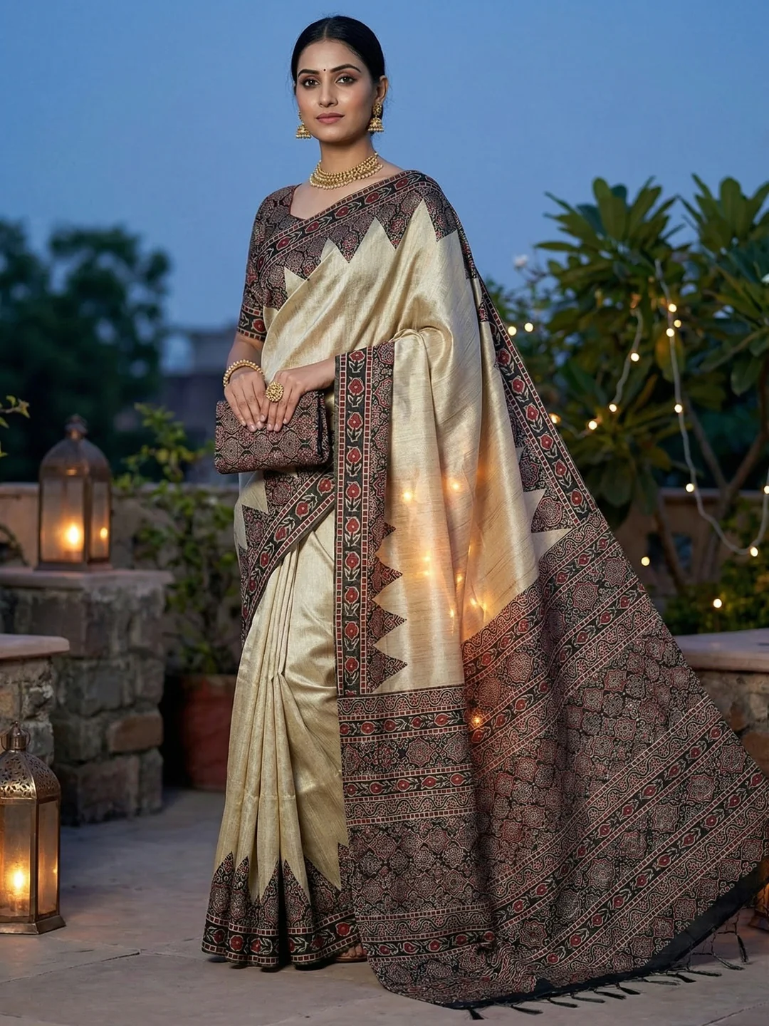 Cream Traditional Ajrakh Printed Handloom Tussar Silk Saree