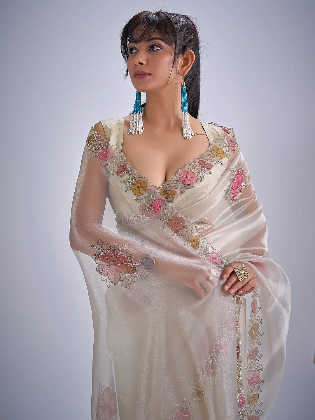 Cream Traditional Hand Printed Organza Tissue Saree With Fancy Hand Stone Embellished Work - Image 2