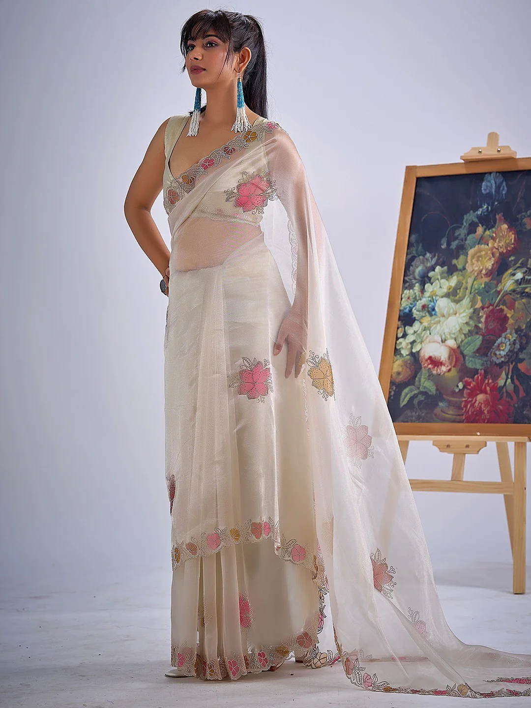 Cream Traditional Hand Printed Organza Tissue Saree With Fancy Hand Stone Embellished Work - Image 5