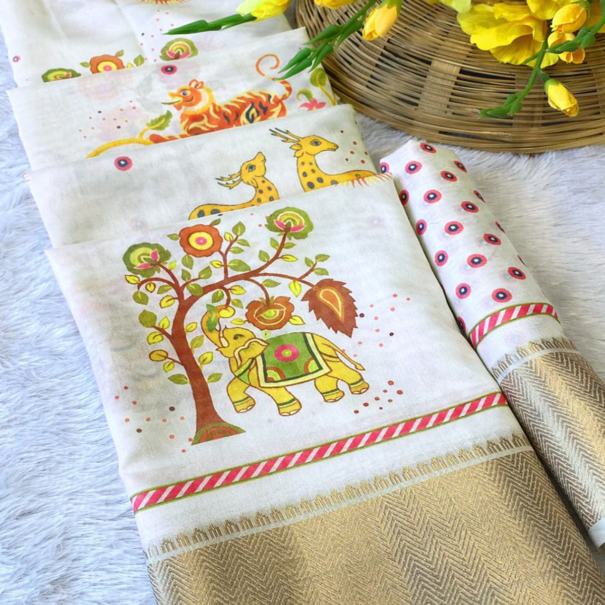 Cream Traditional Printed Dola Silk Saree Accented with Rich Zari Weaving - Image 2