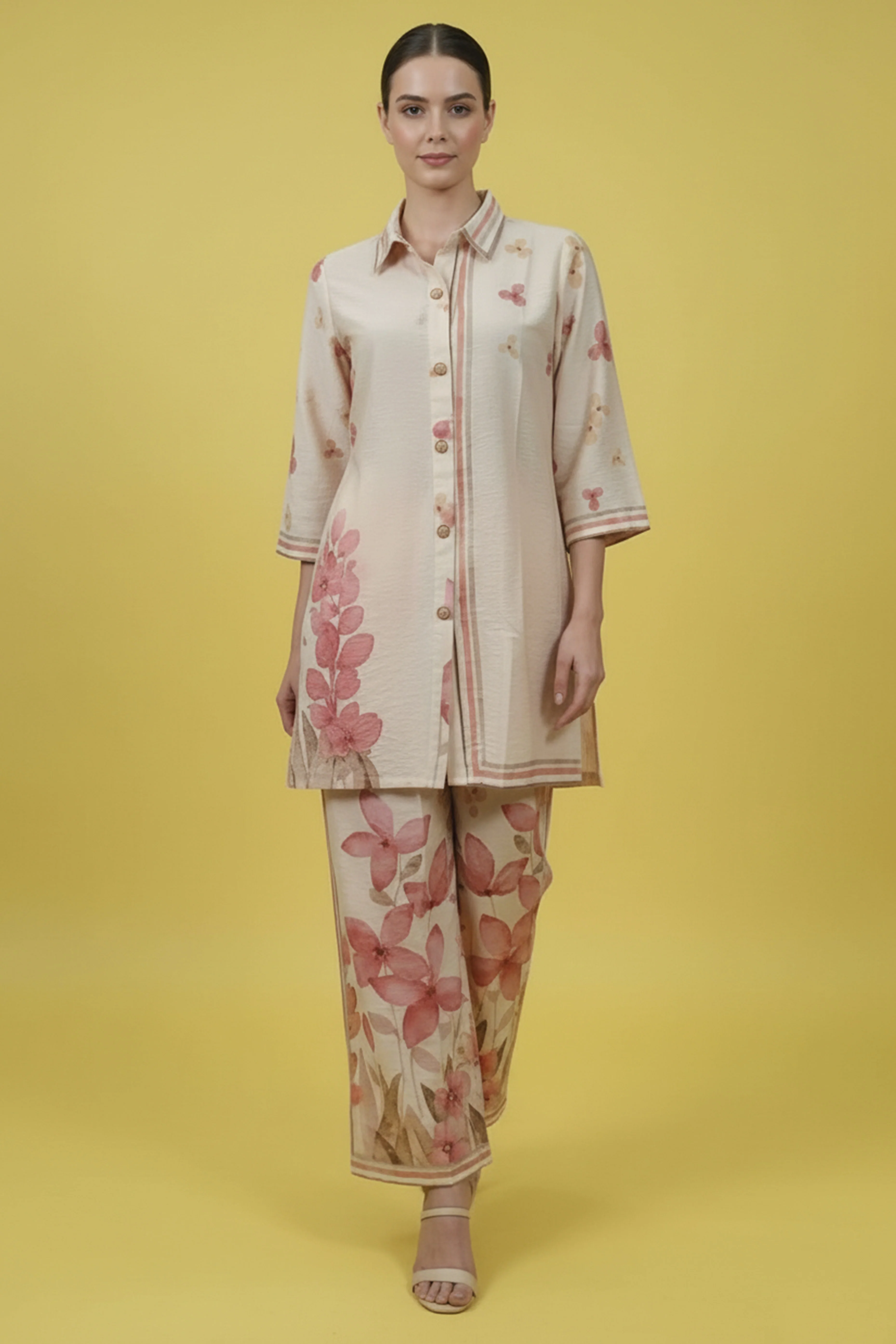 Cream Trendy Muslin Co-Ord Set with Eye-Catching Digital Floral Patterns