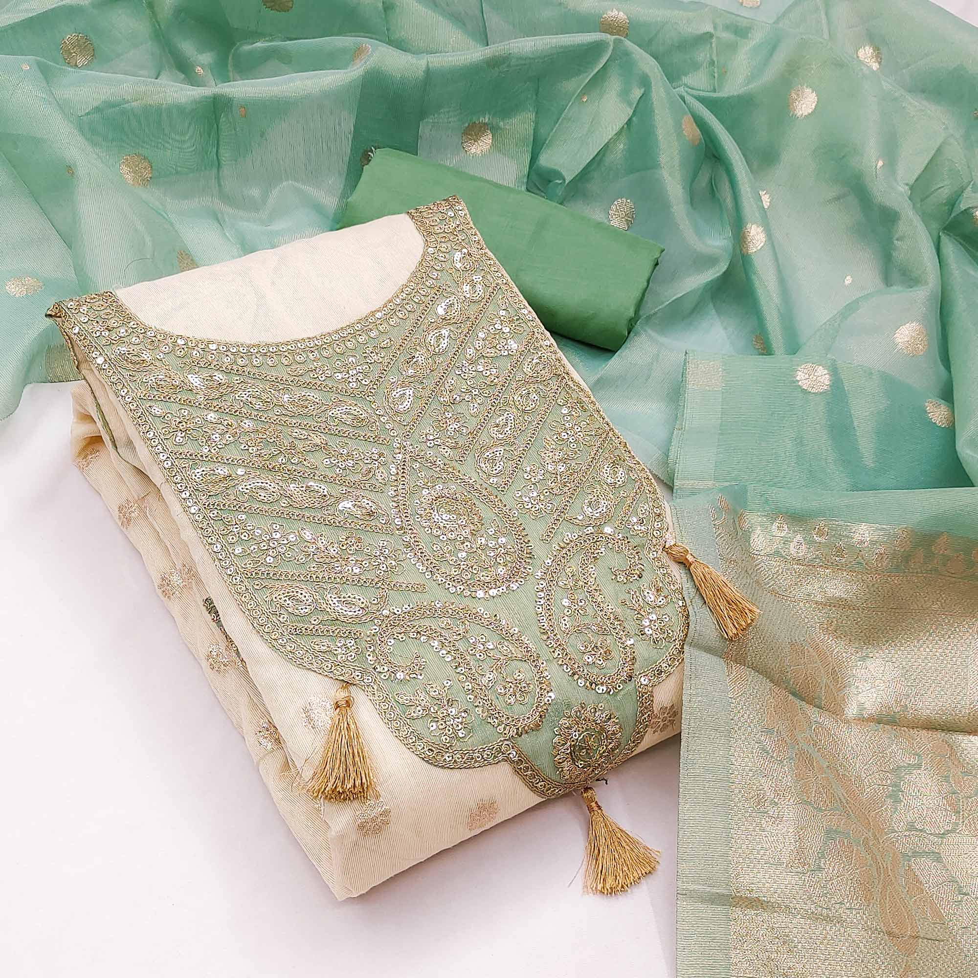 Cream & Turquoise Butti Weaving Shimmer Silk Dress Material Accented With Sequin Cording Embroidery - Image 3
