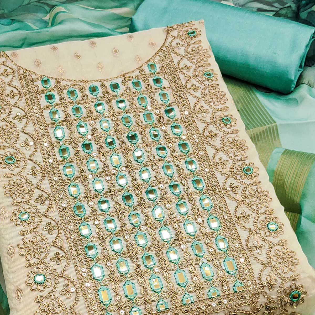 Cream & Turquoise Shimmer Dress Material Featuring Butti Weaving With Sequins Cording Embroidery - Image 2
