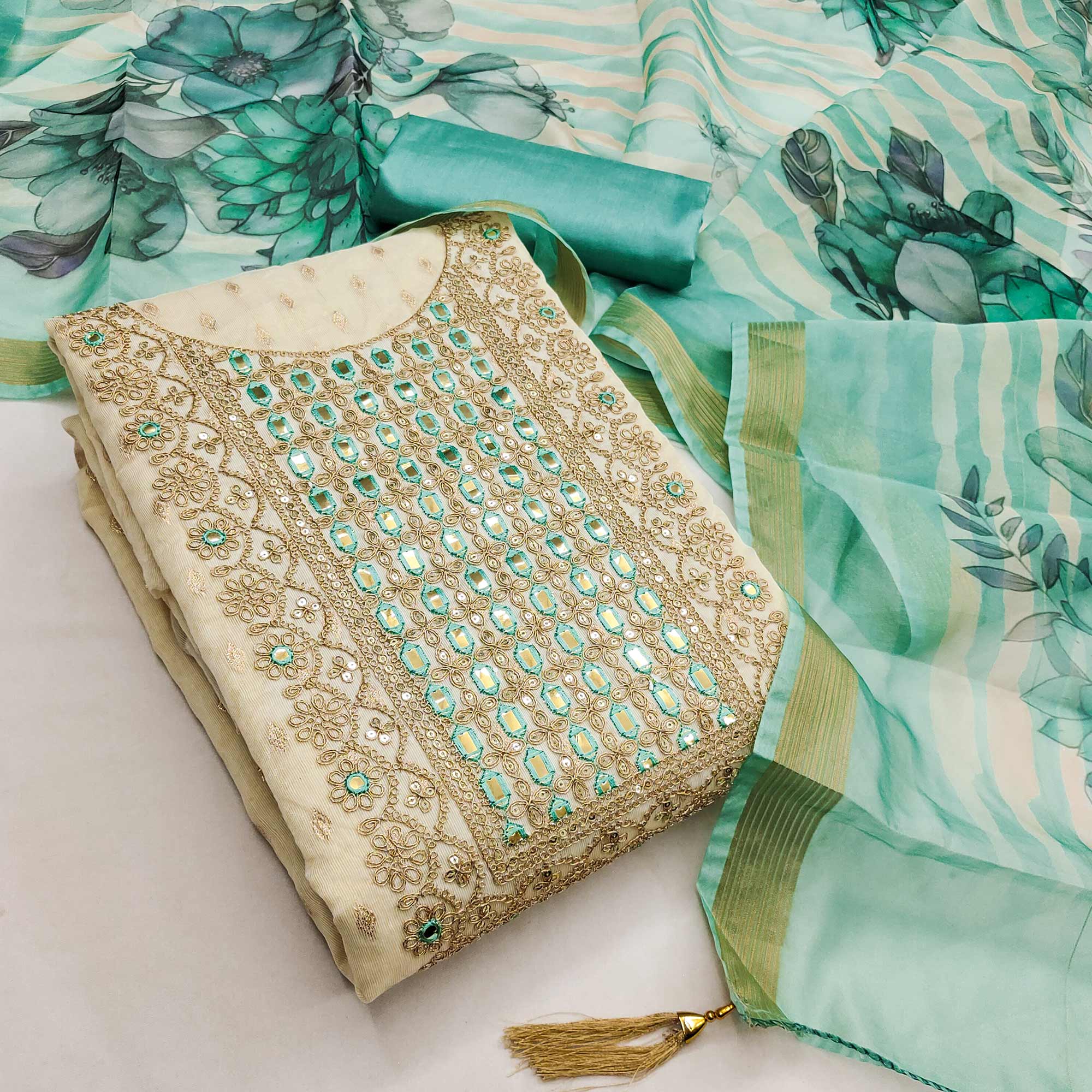 Cream & Turquoise Shimmer Dress Material Featuring Butti Weaving With Sequins Cording Embroidery - Image 3