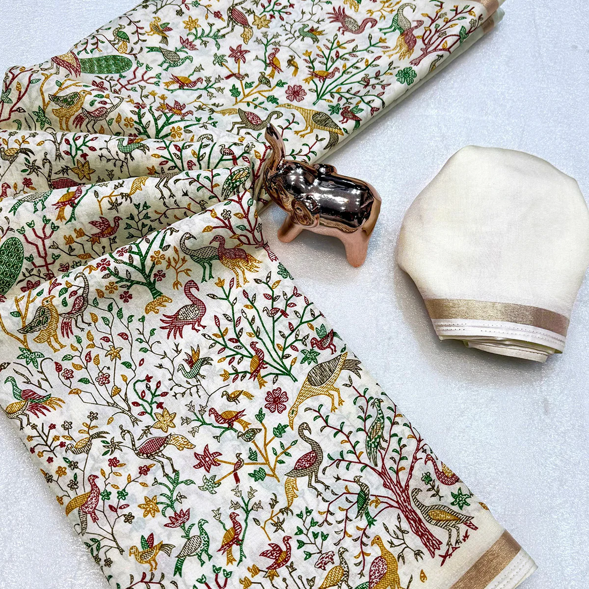 Cream Tussar Silk Blend Saree with Intricate Floral & Bird Kashmiri Print & Zari Border - Image 2
