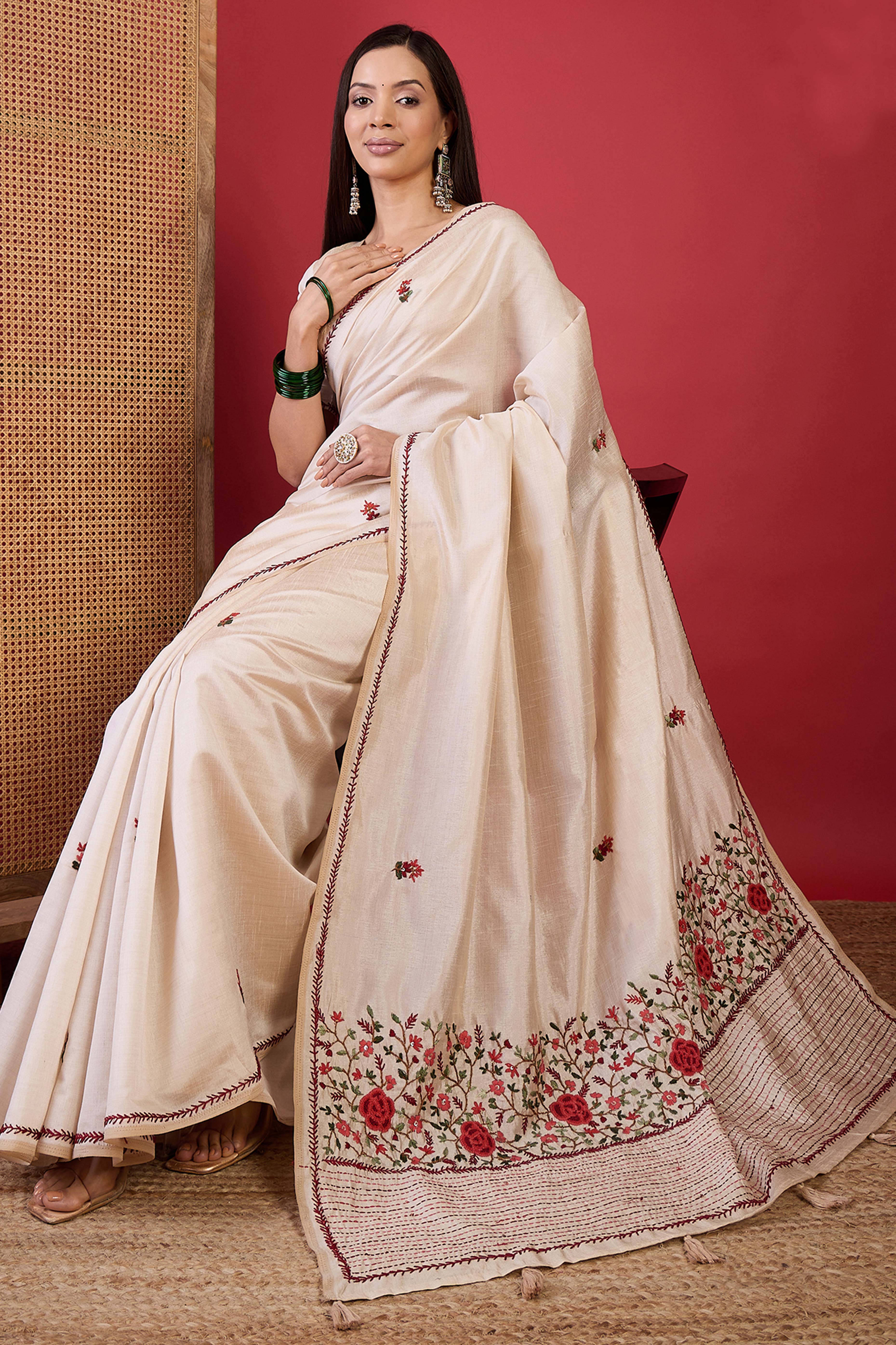 Cream Tussar Silk Saree with Fine Thread Work Embroidery for Festive Wear - Image 5