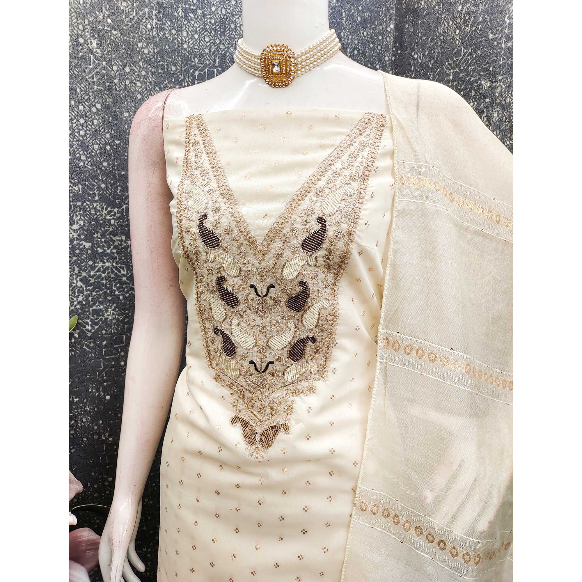Cream Weaving Chanderi Silk Dress Material Adorned With Cording Embroidery & Sequins Work - Image 4