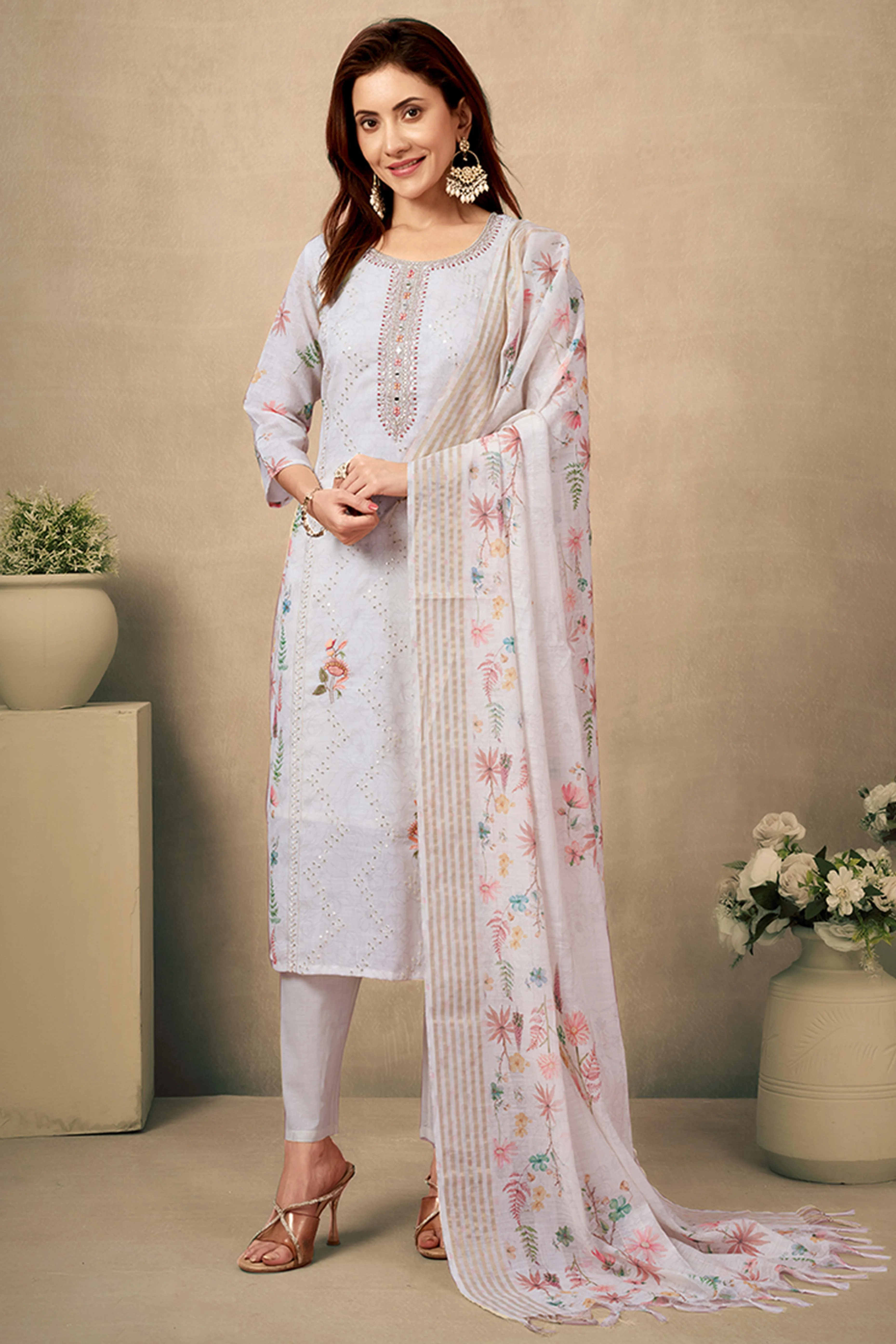 Cream & White Cotton Salwar Suit with Exquisite Floral & Sequin Detailing - Image 3