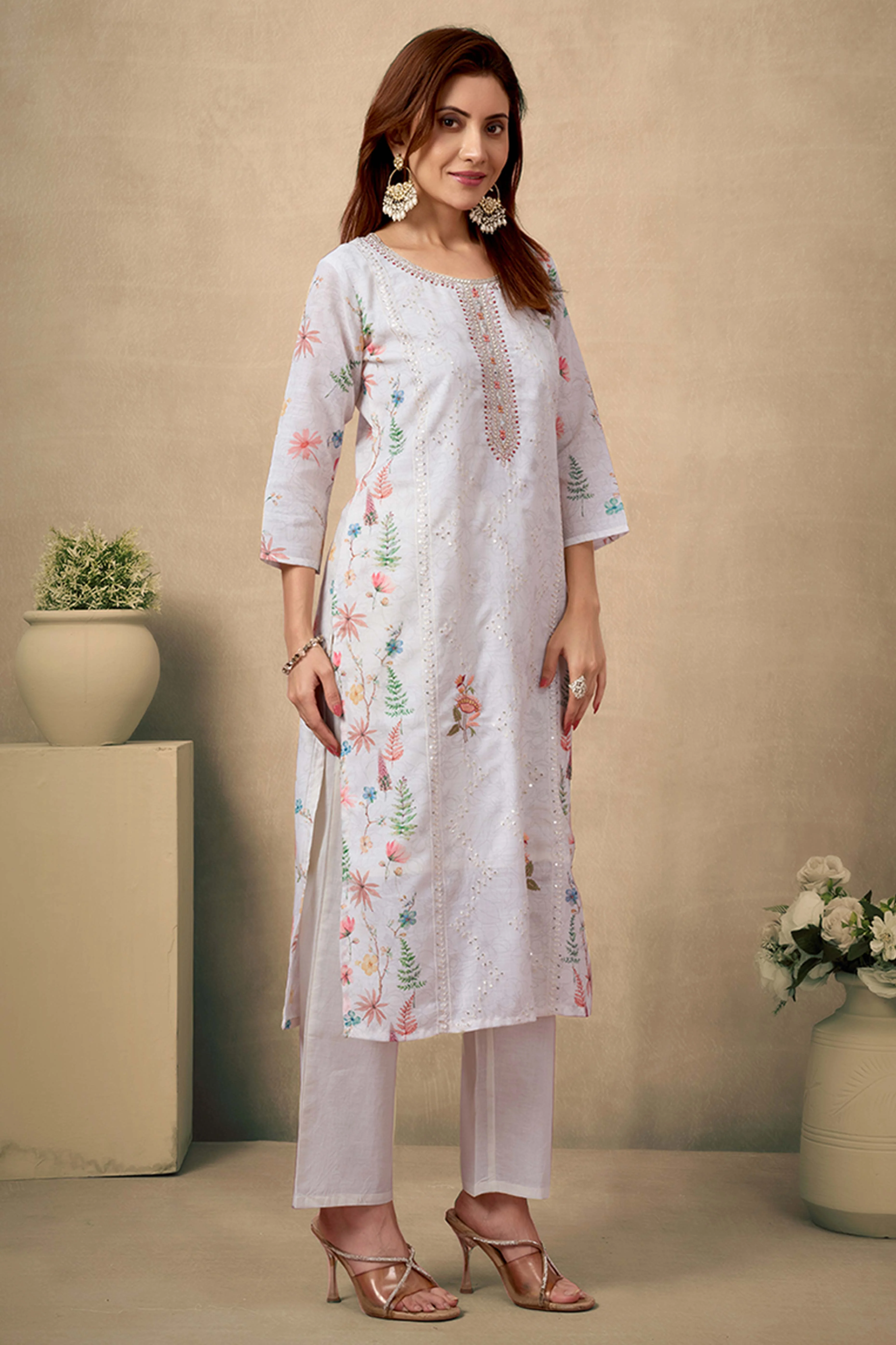 Cream & White Cotton Salwar Suit with Exquisite Floral & Sequin Detailing - Image 4