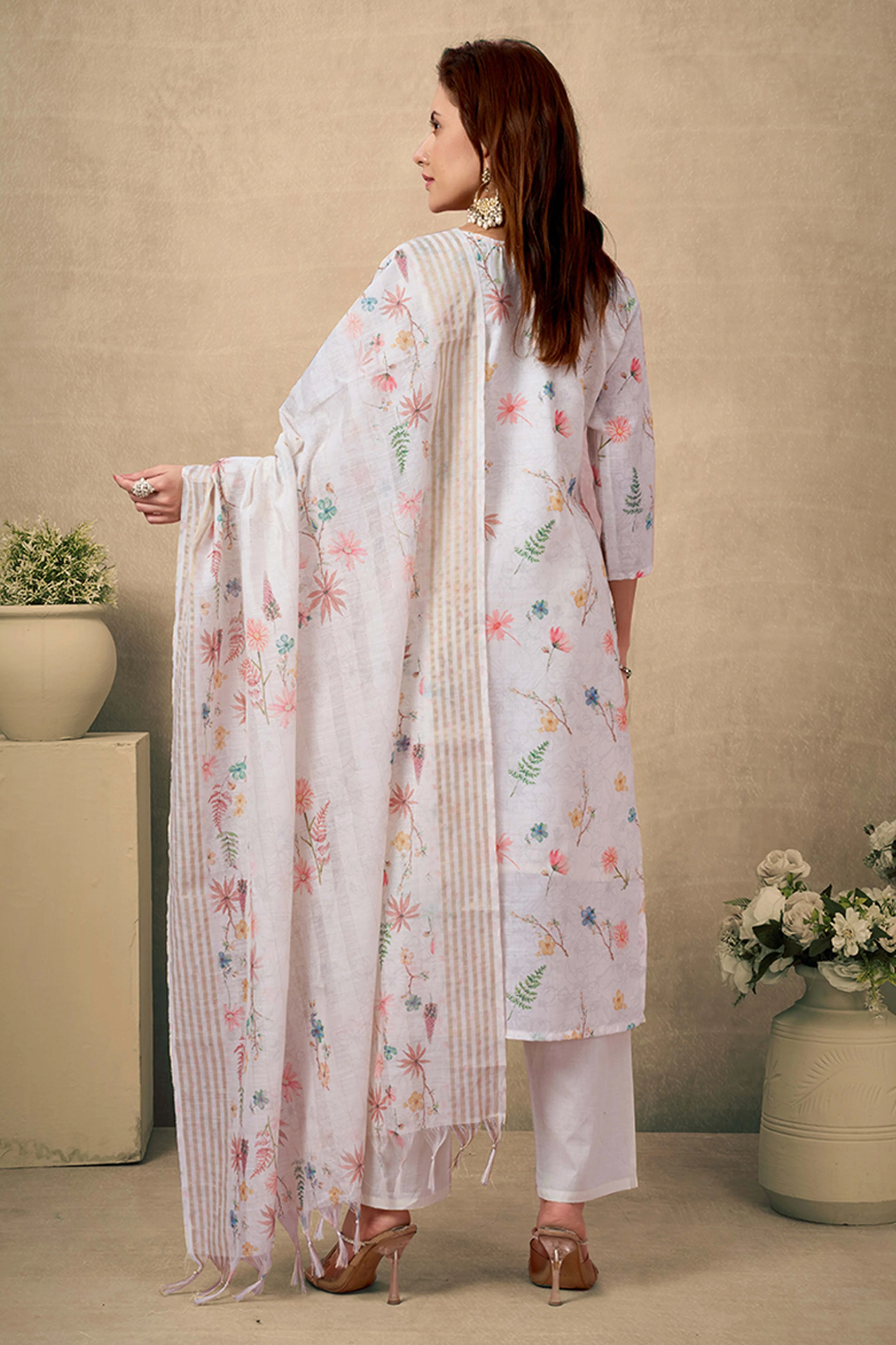 Cream & White Cotton Salwar Suit with Exquisite Floral & Sequin Detailing - Image 5