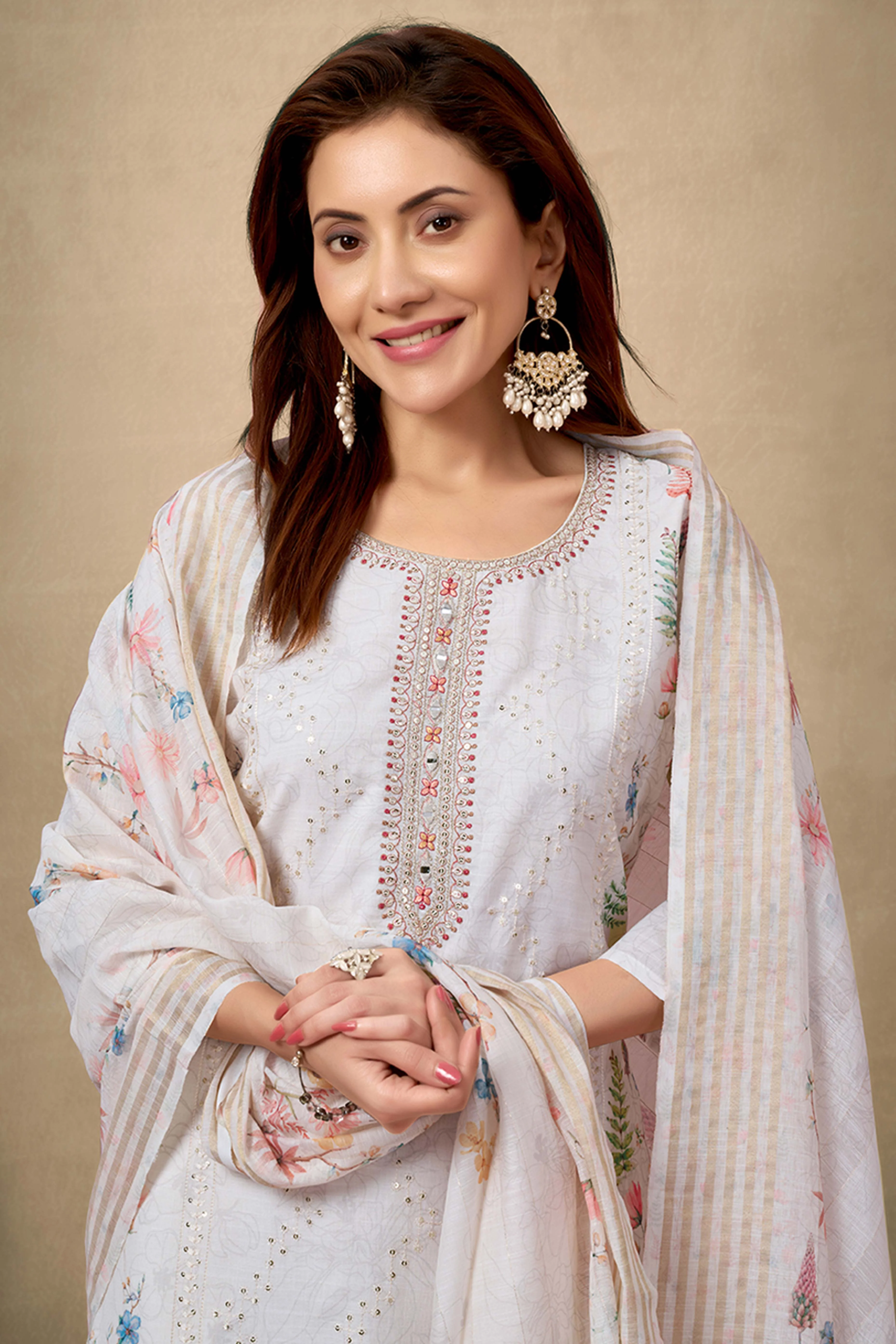 Cream & White Cotton Salwar Suit with Exquisite Floral & Sequin Detailing - Image 6
