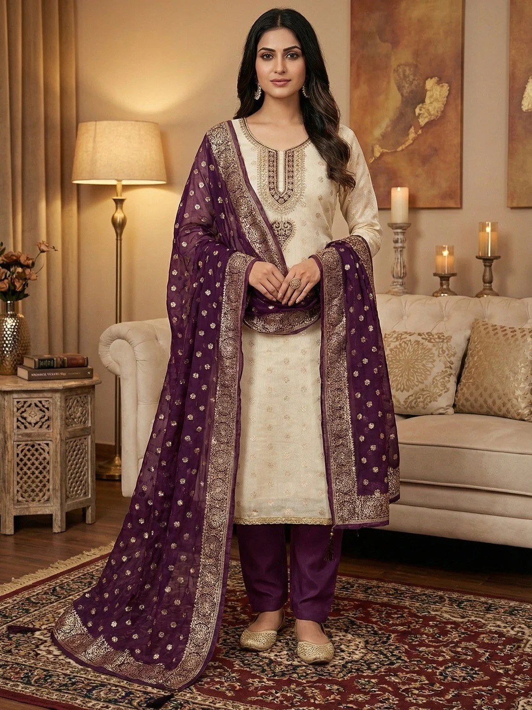 Cream & Wine Butti Weaving Shimmer Dress Material With Elegant Cording Embroidery Work On Neck