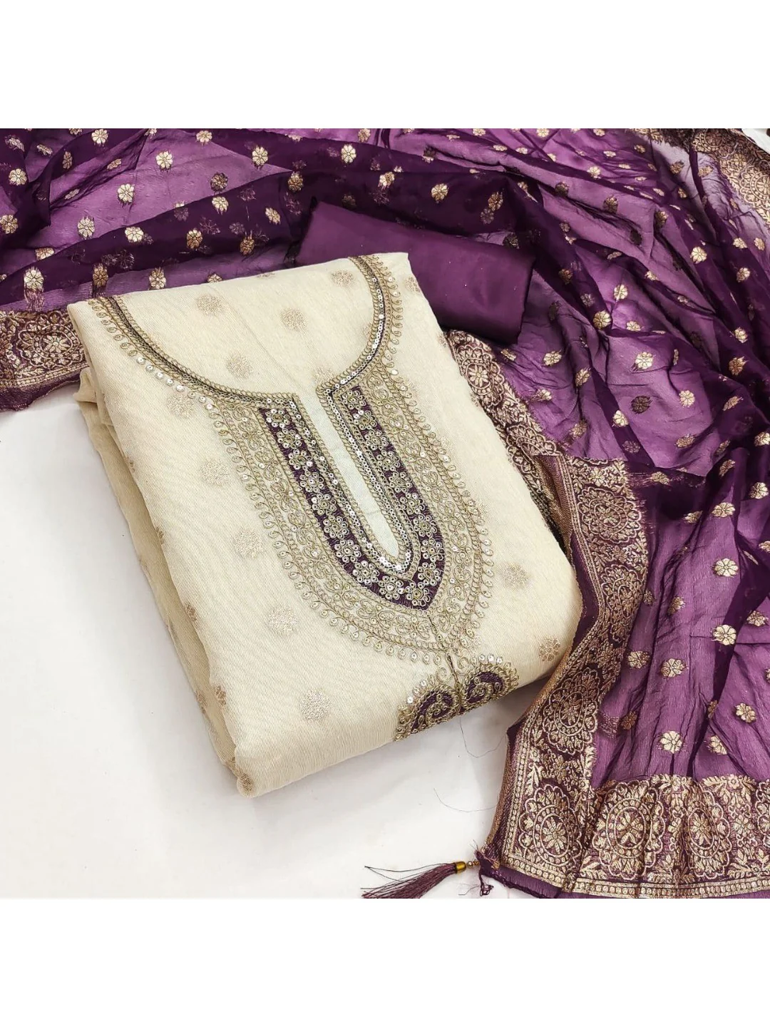 Cream & Wine Butti Weaving Shimmer Dress Material With Elegant Cording Embroidery Work On Neck - Image 2
