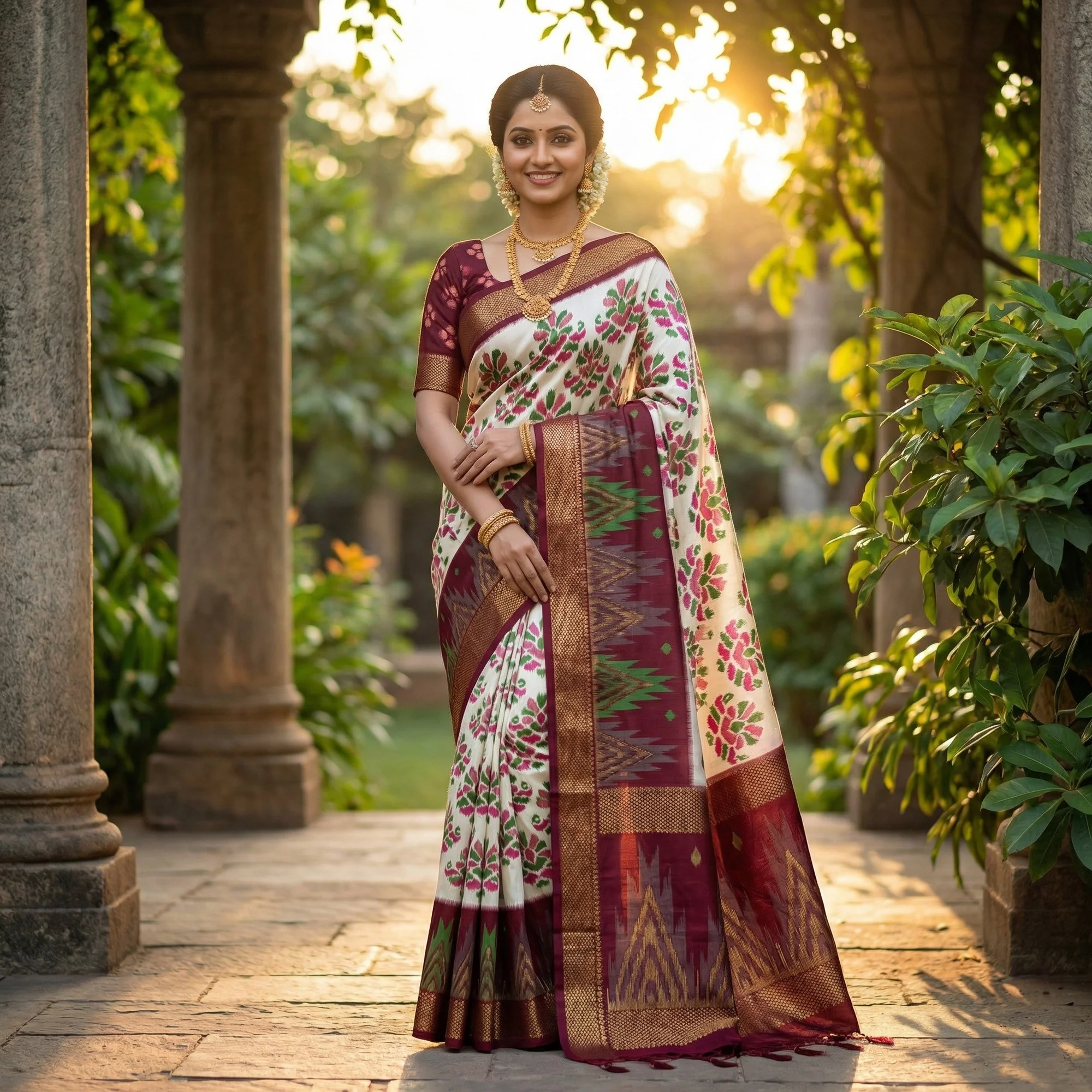 Cream & Wine Ikkat Woven Dola Silk Saree Accented with Zari Border