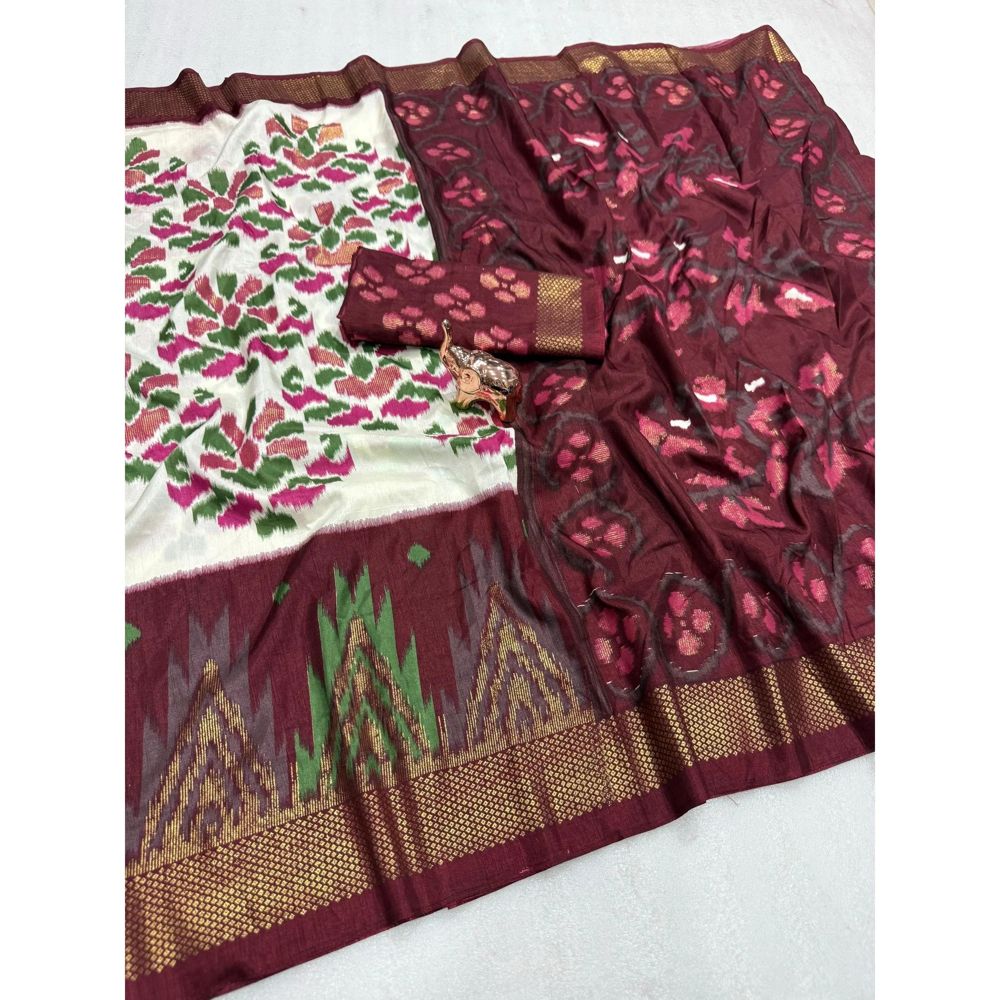 Cream & Wine Ikkat Woven Dola Silk Saree Accented with Zari Border - Image 2