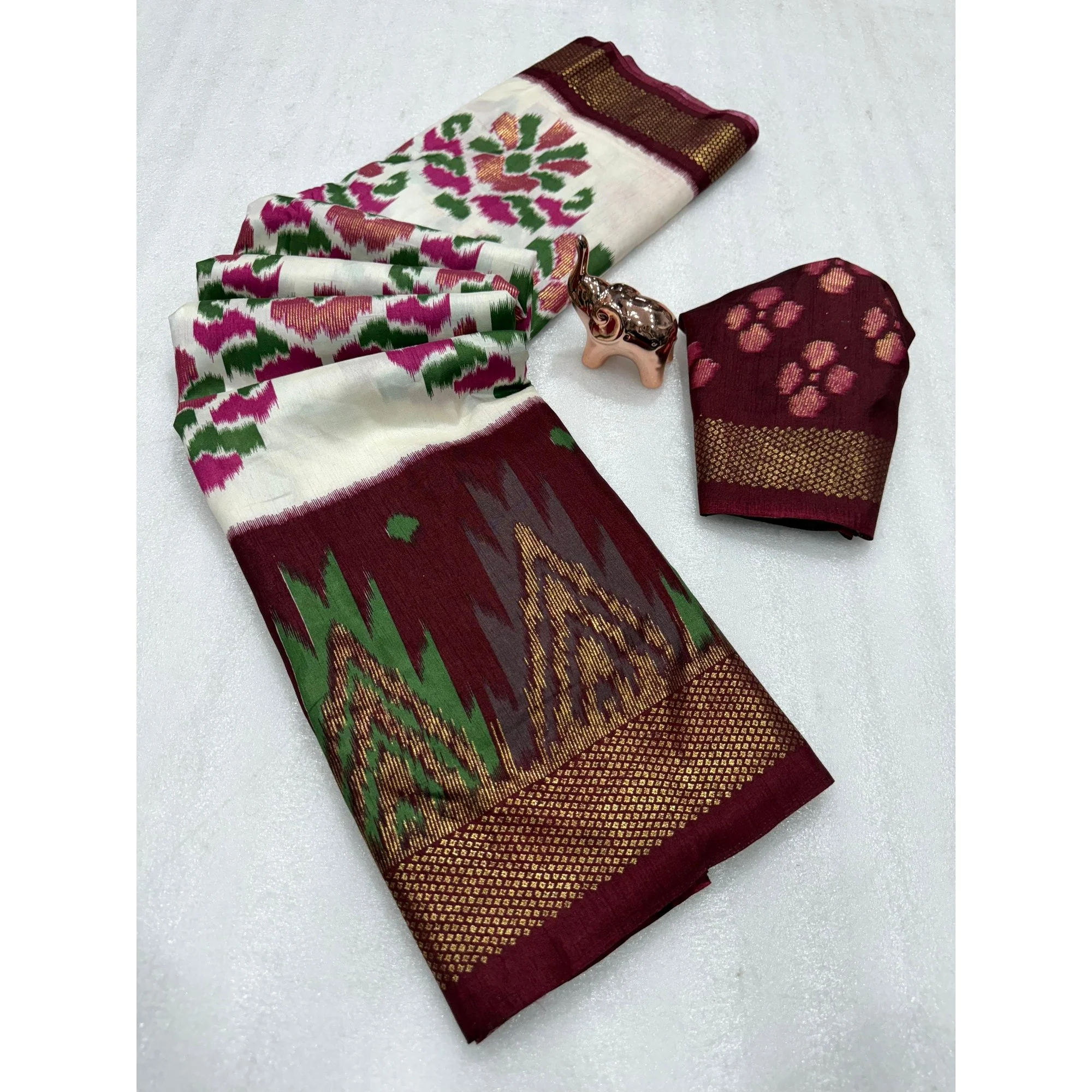 Cream & Wine Ikkat Woven Dola Silk Saree Accented with Zari Border - Image 3