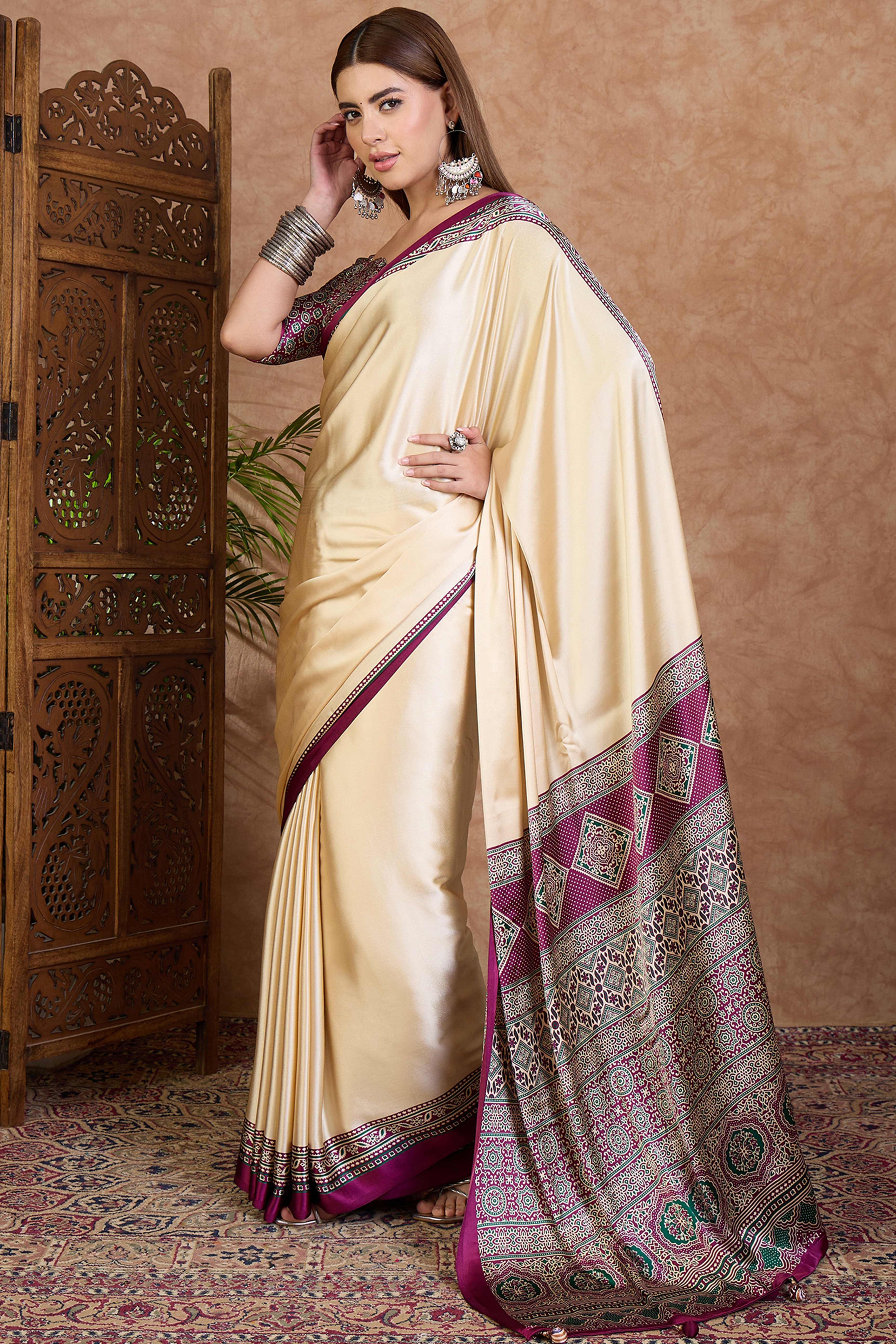 Cream & Wine Modal Satin Saree Featuring a Solid Base and Artisanal Ajrakh Pallu - Image 3