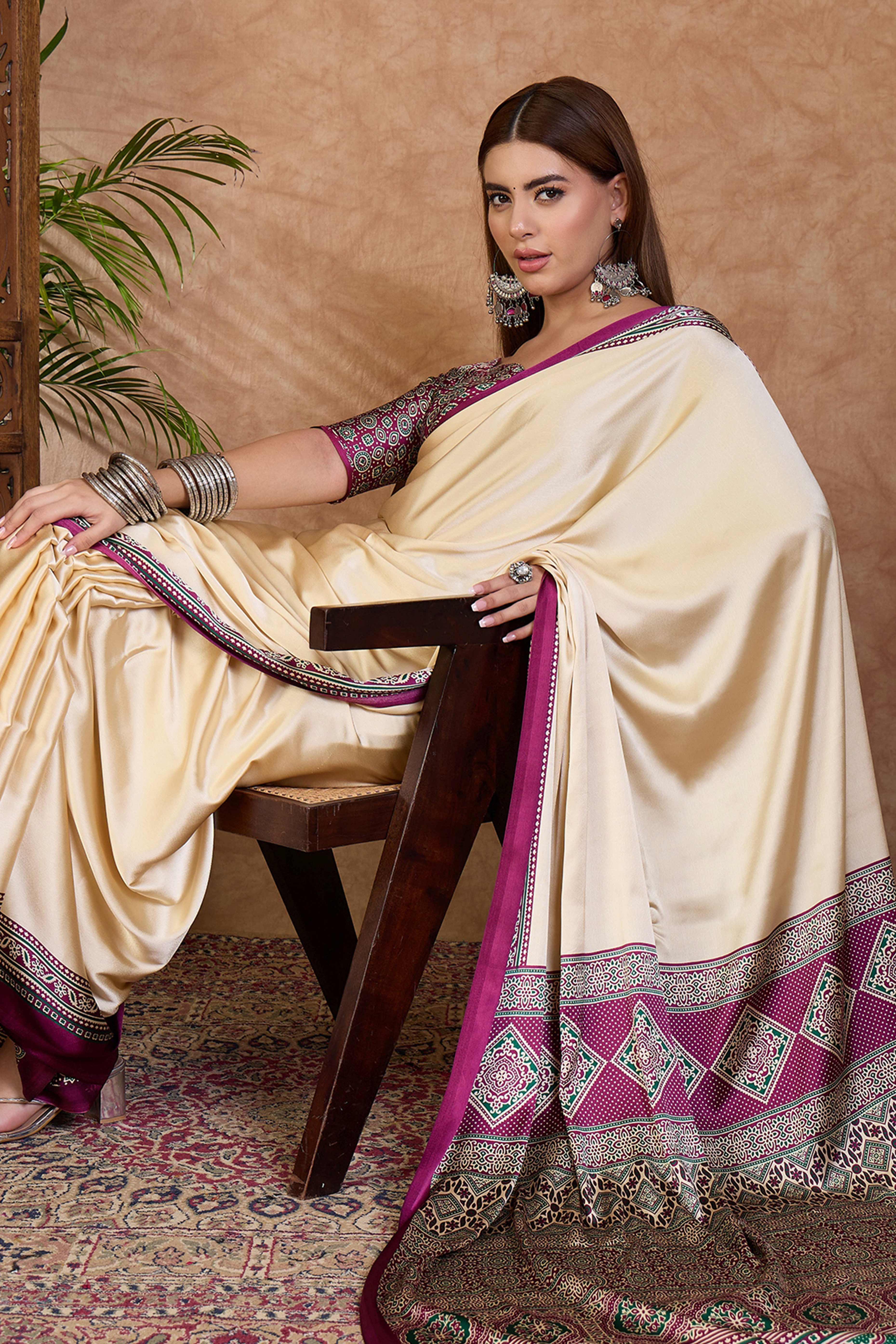 Cream & Wine Modal Satin Saree Featuring a Solid Base and Artisanal Ajrakh Pallu - Image 6