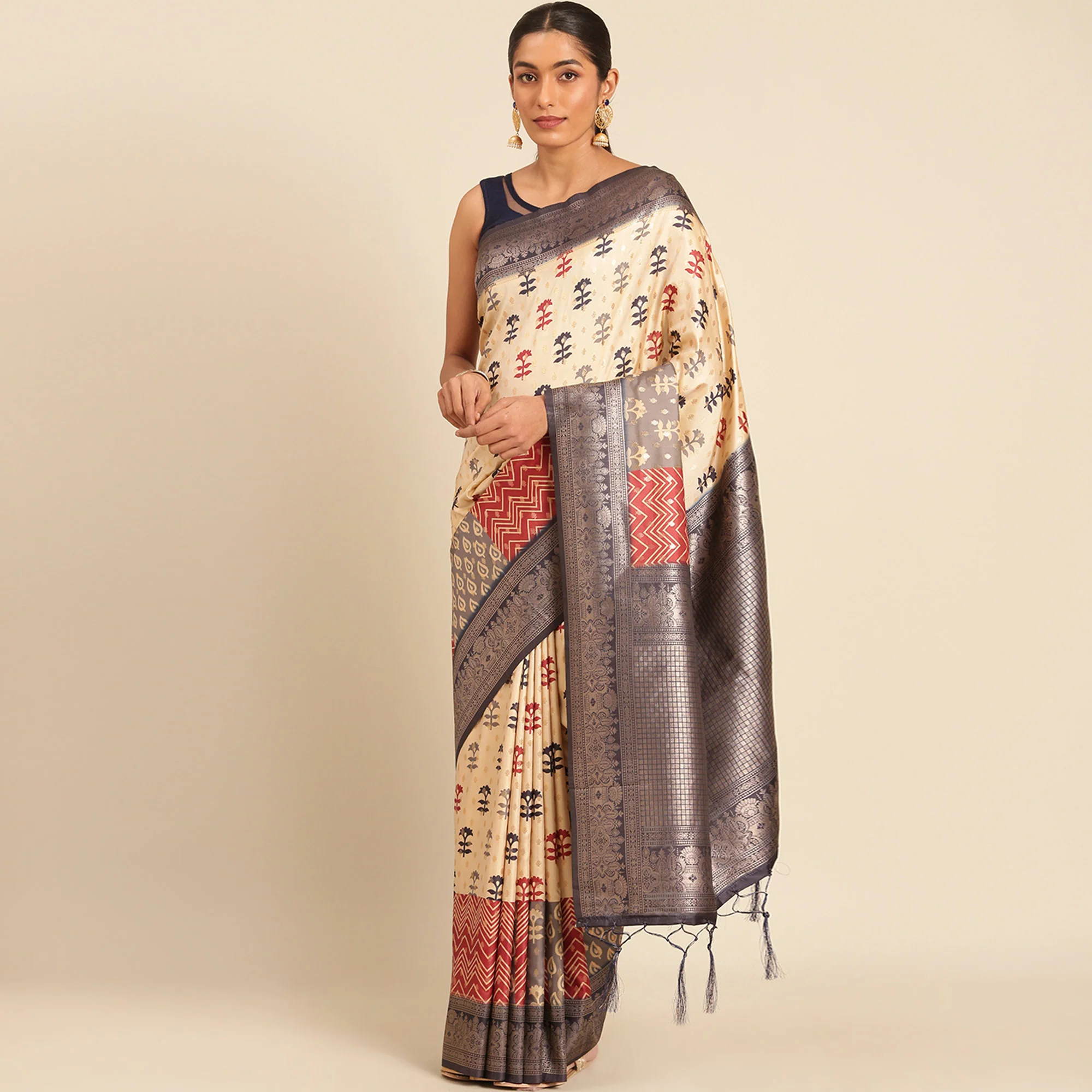 Cream Woven Banarasi Silk Saree With Tassels - Image 2