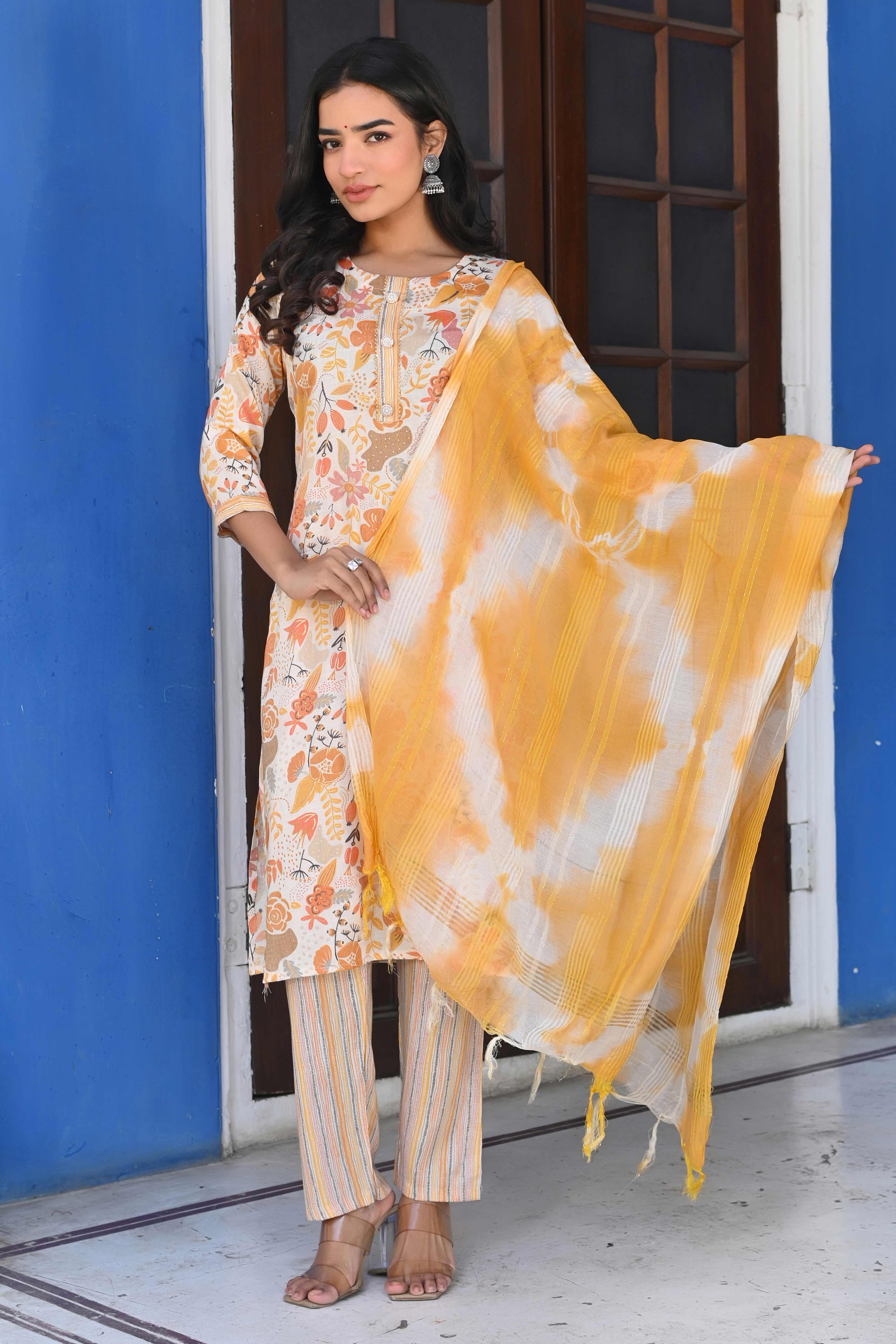 Cream & Yellow Floral Foil Printed Rayon Salwar Suit - Image 3