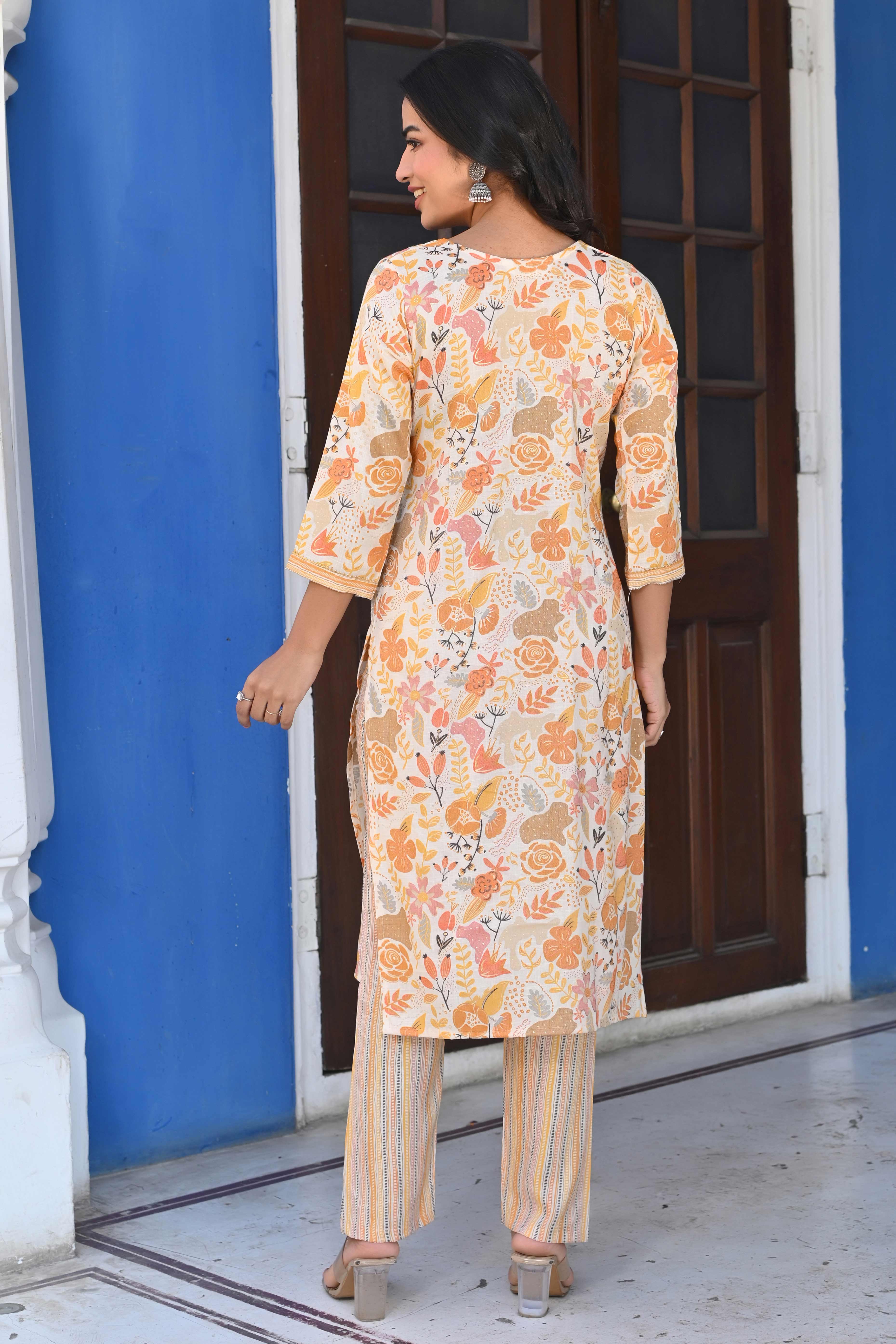 Cream & Yellow Floral Foil Printed Rayon Salwar Suit - Image 7