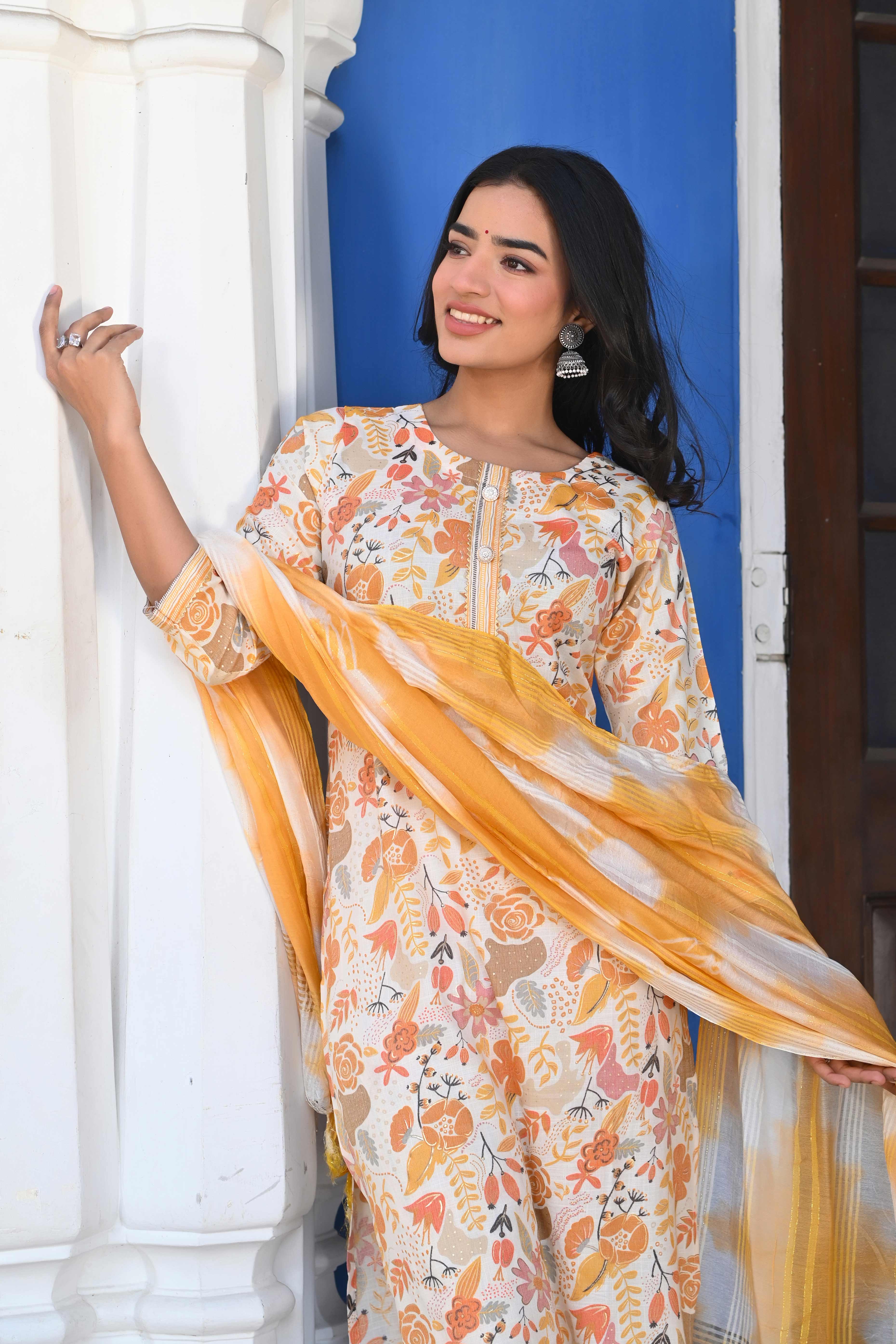 Cream & Yellow Floral Foil Printed Rayon Salwar Suit - Image 8