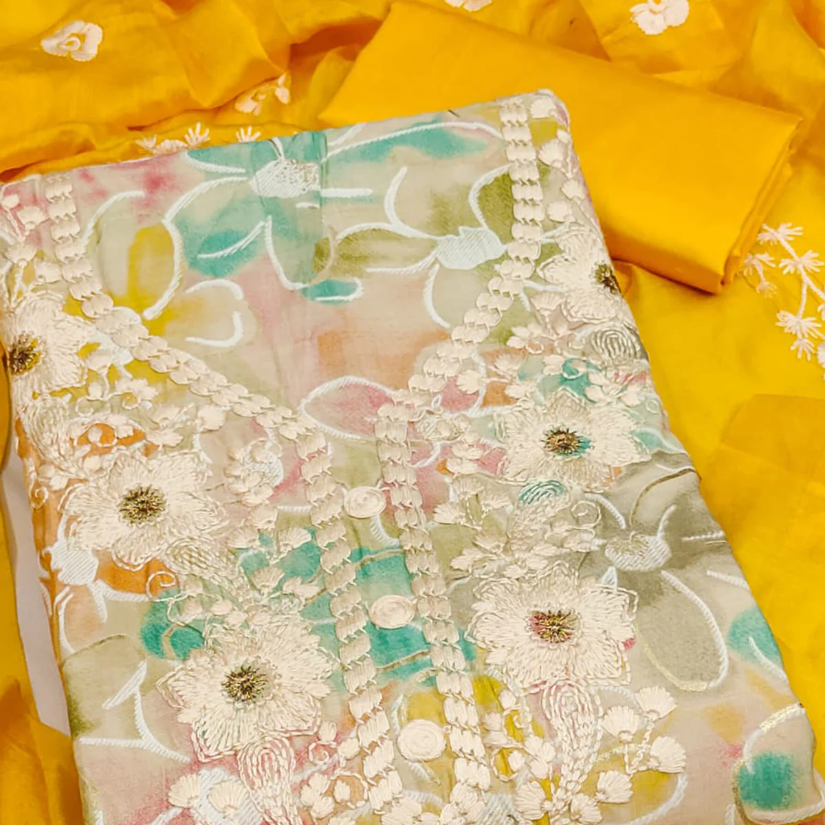 Cream & Yellow Floral Printed Chanderi Silk Dress Material Adorned with Embroidery - Image 2
