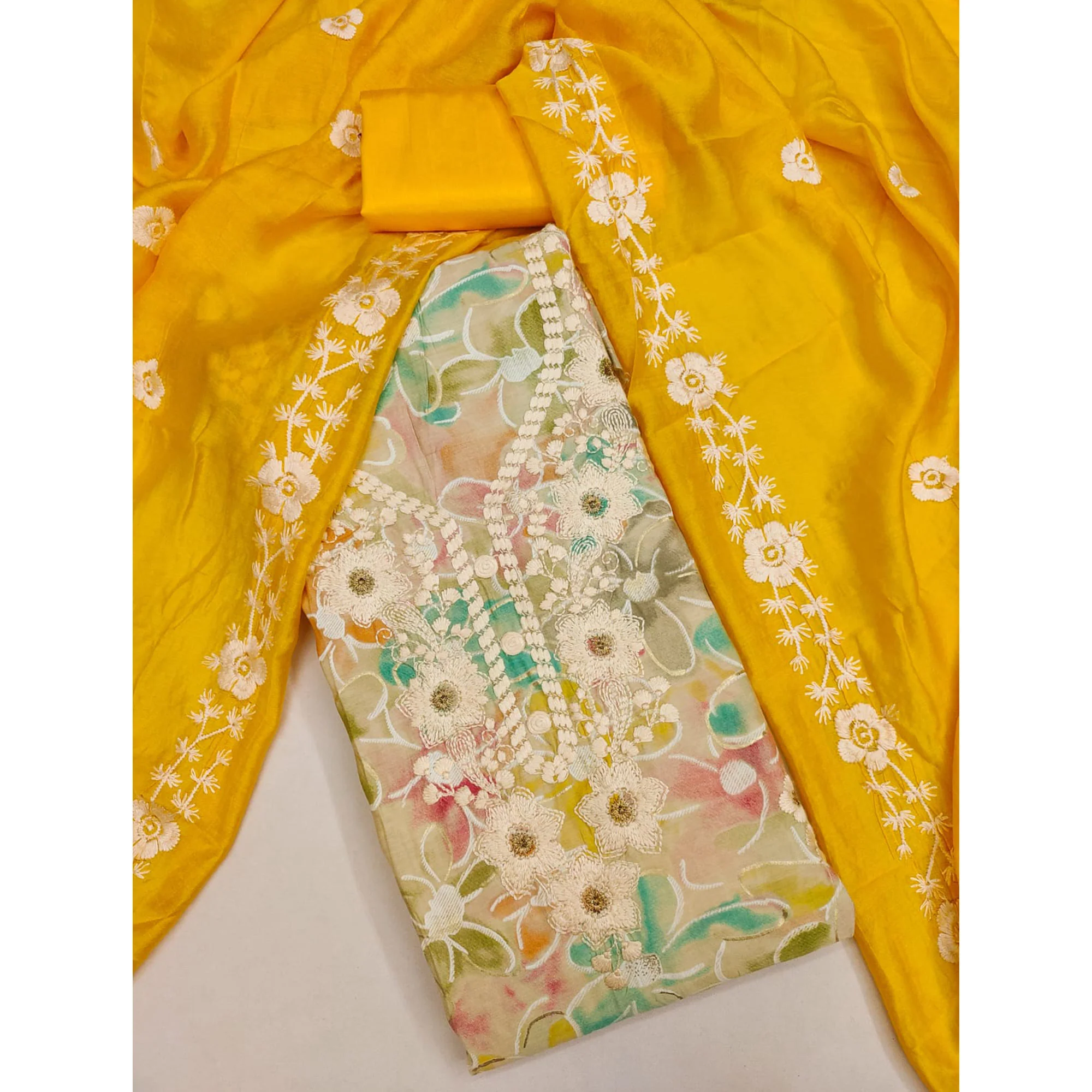 Cream & Yellow Floral Printed Chanderi Silk Dress Material Adorned with Embroidery - Image 3