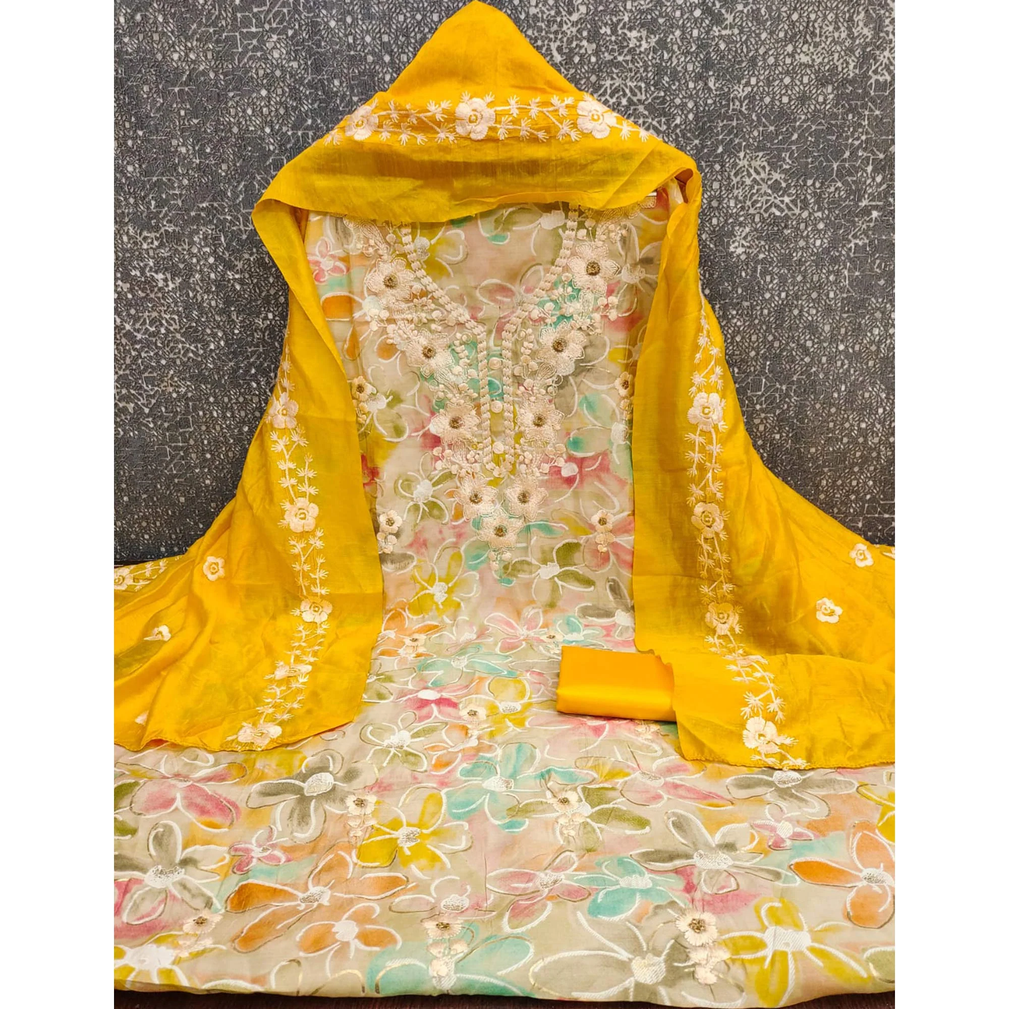 Cream & Yellow Floral Printed Chanderi Silk Dress Material Adorned with Embroidery - Image 4