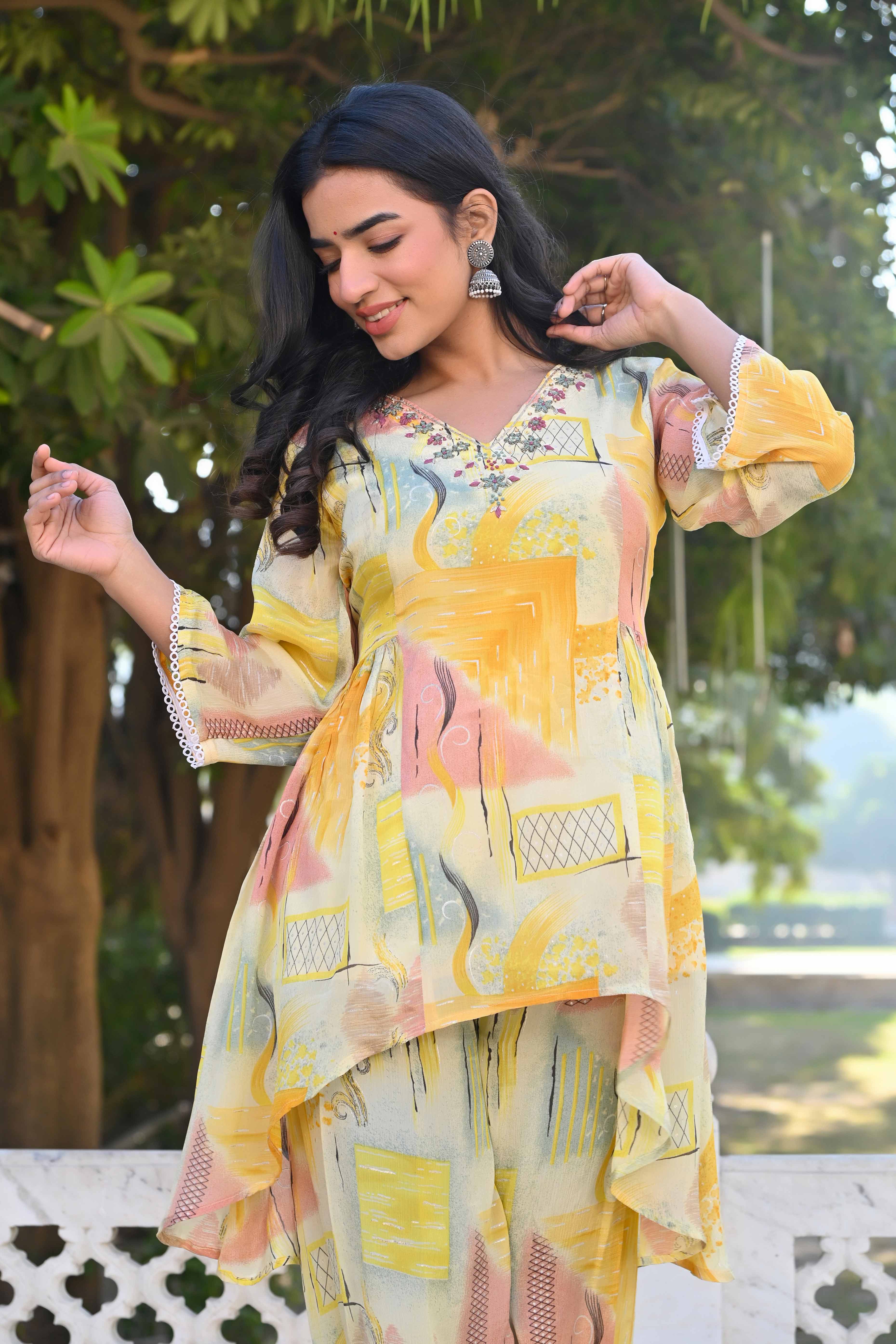 Cream & Yellow Printed With Embroidered Pure Chinon A-Line Co-Ord Set - Image 7