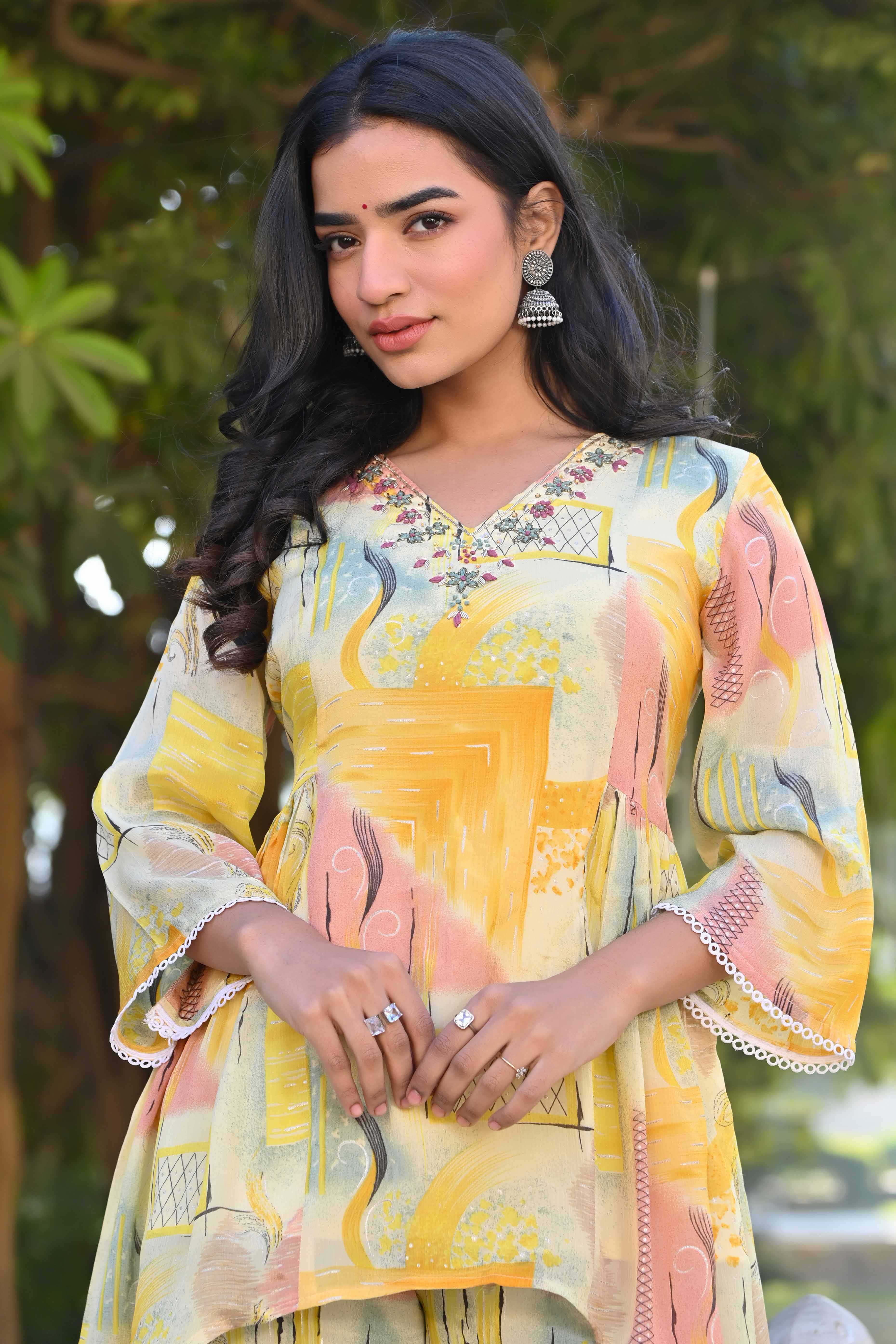 Cream & Yellow Printed With Embroidered Pure Chinon A-Line Co-Ord Set - Image 8