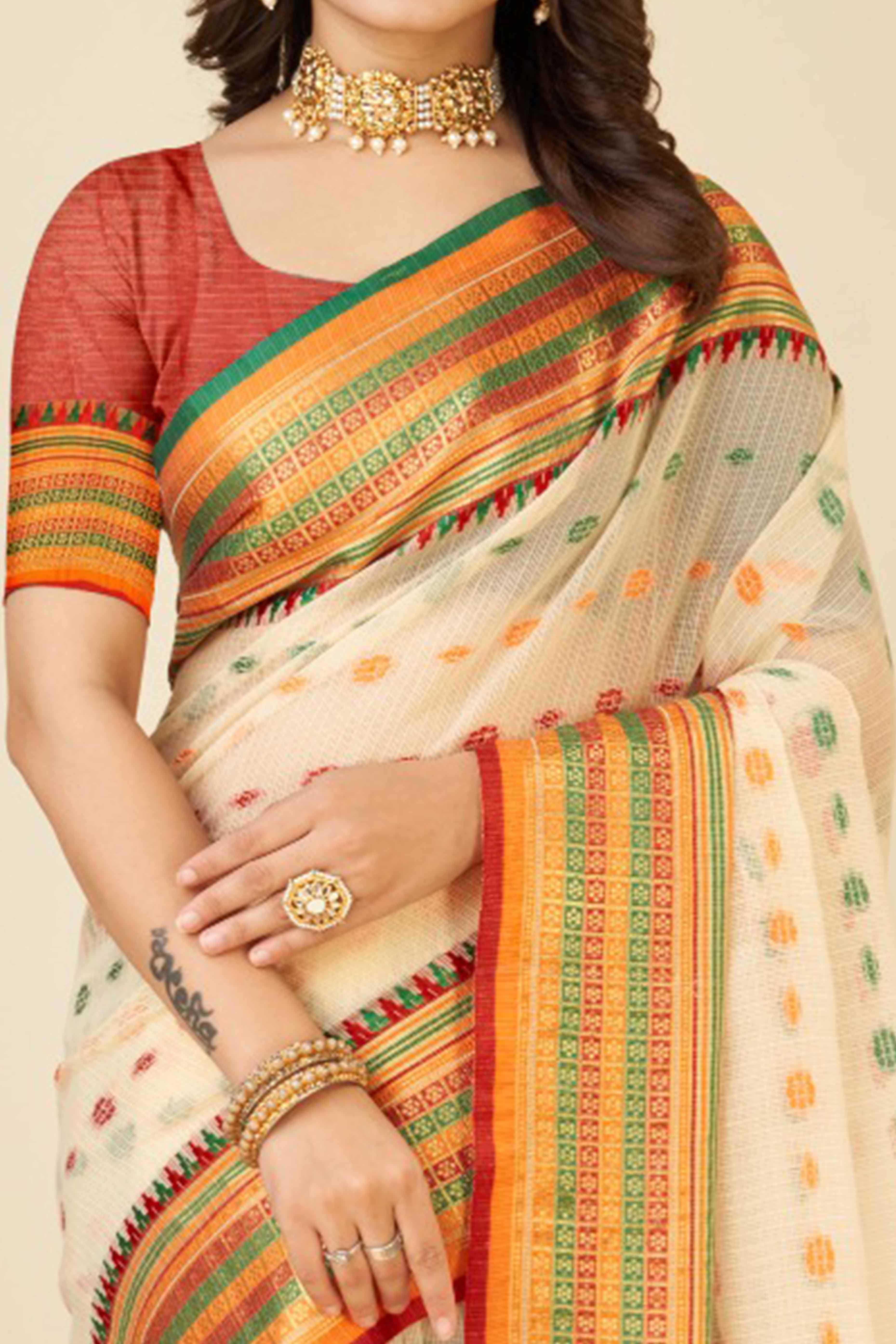 Cream Zari Weaving Cotton Silk Saree - Image 2
